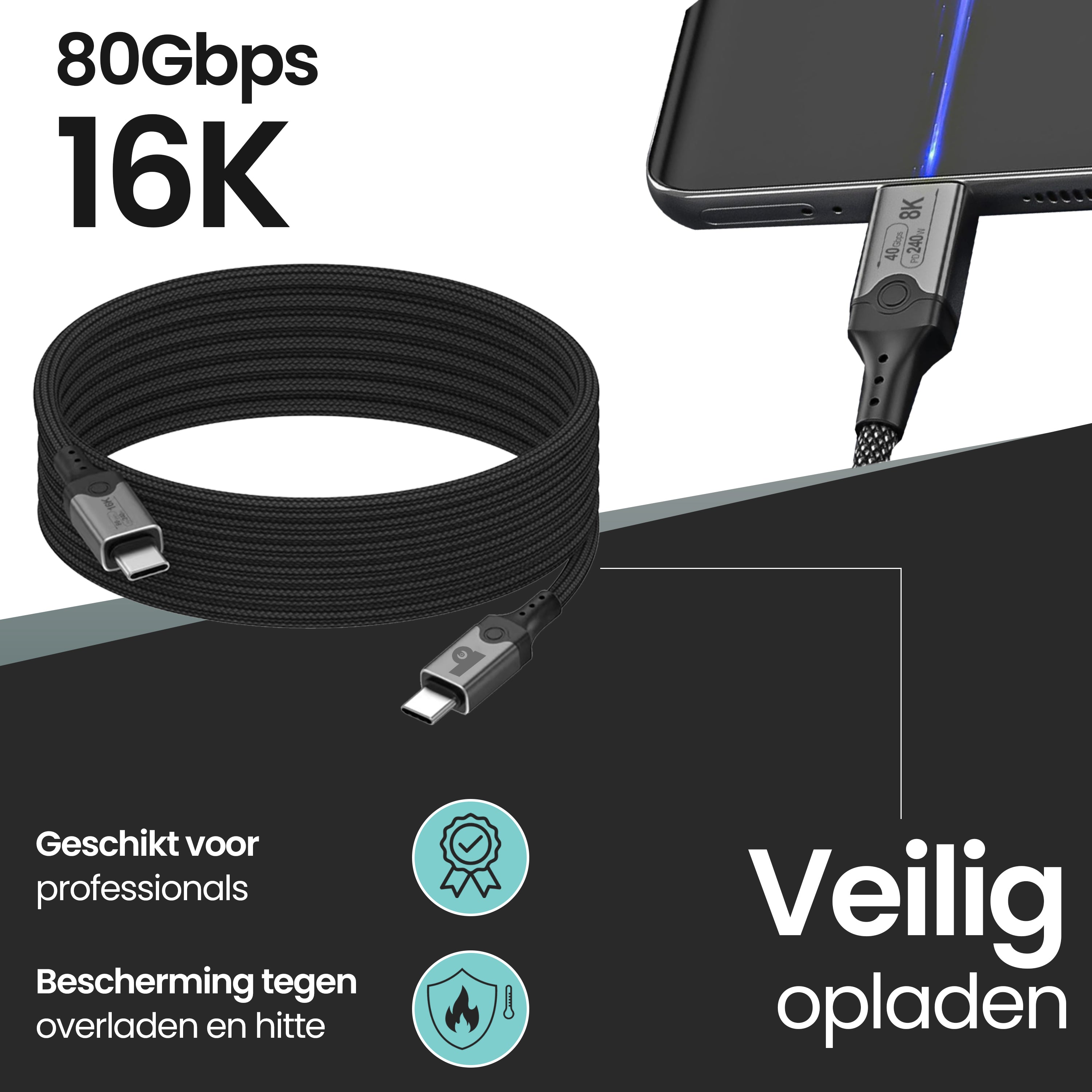Hoogwaardige Thunderbolt 5 kabel – 80Gbps snelheid, 240W Power Delivery, 16K display support