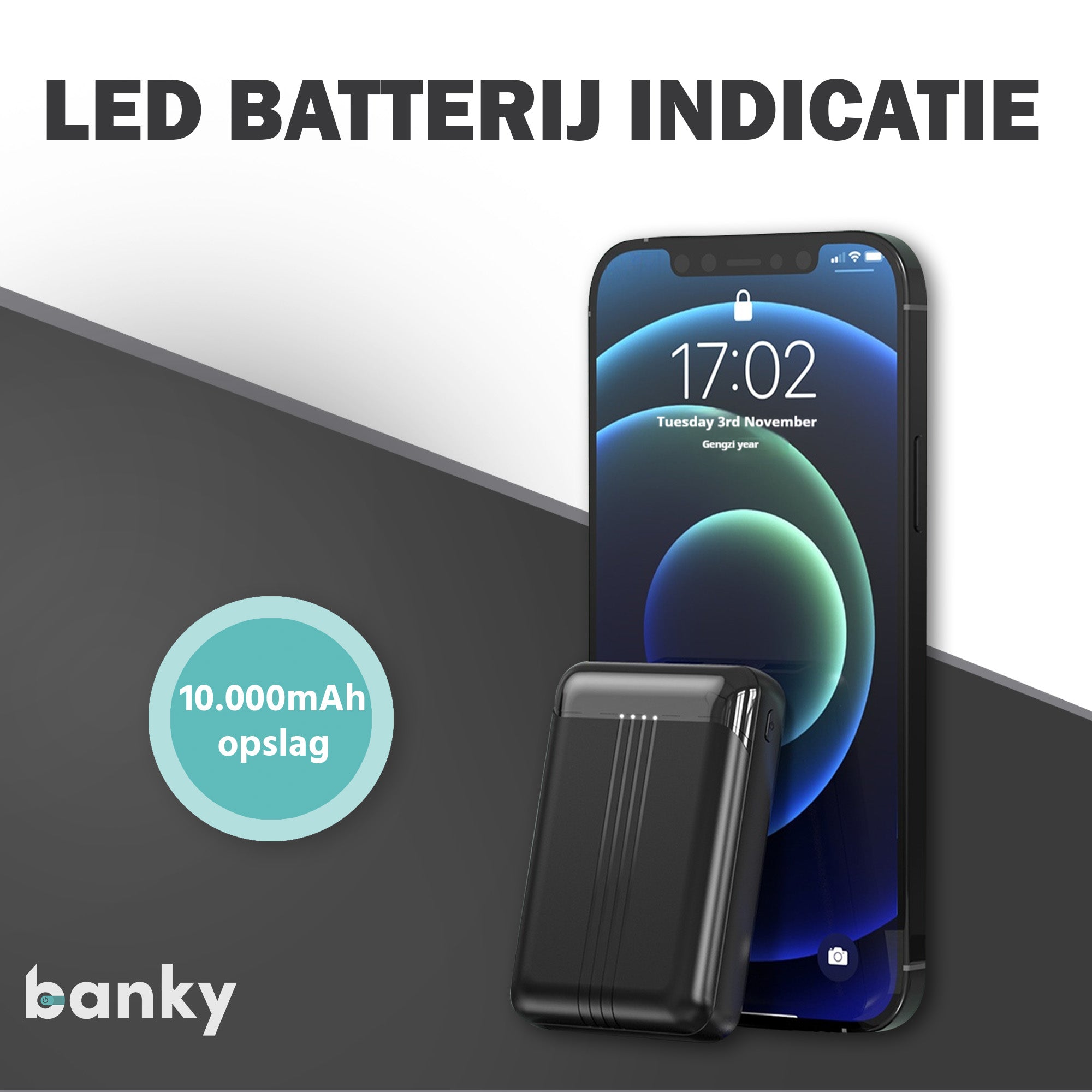 Banky mini powerbank 10.000mAh met LED-indicatie, getoond naast een iPhone