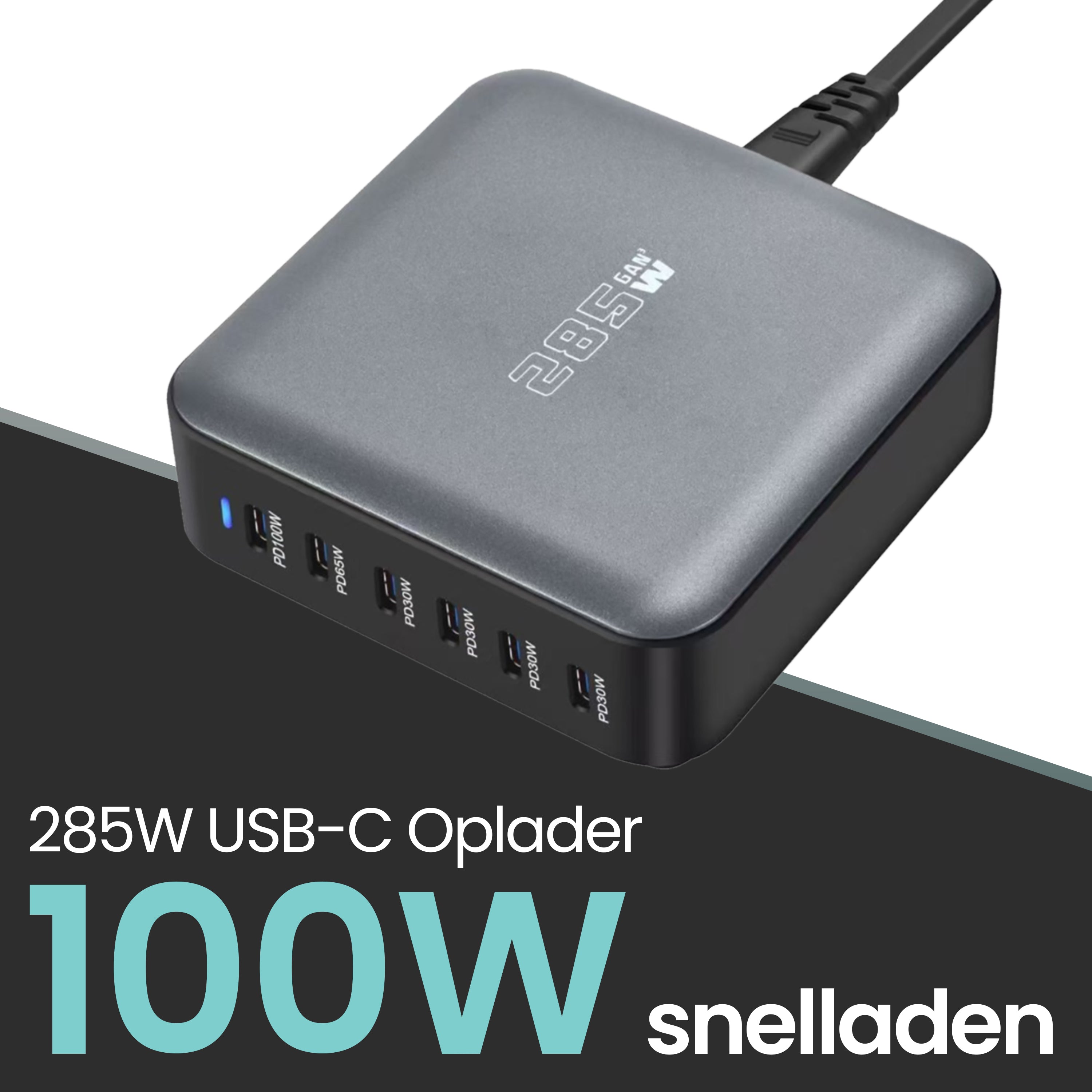 Banky compacte 285W multiport snellader met PD100W, PD65W en vier PD30W aansluitingen