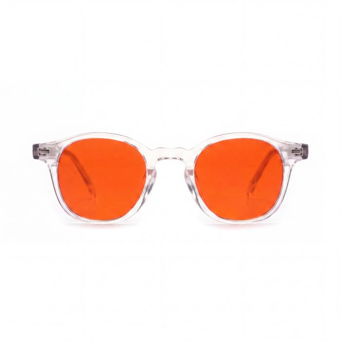 Blauw licht bril met transparant montuur en oranje glazen, vooraanzicht