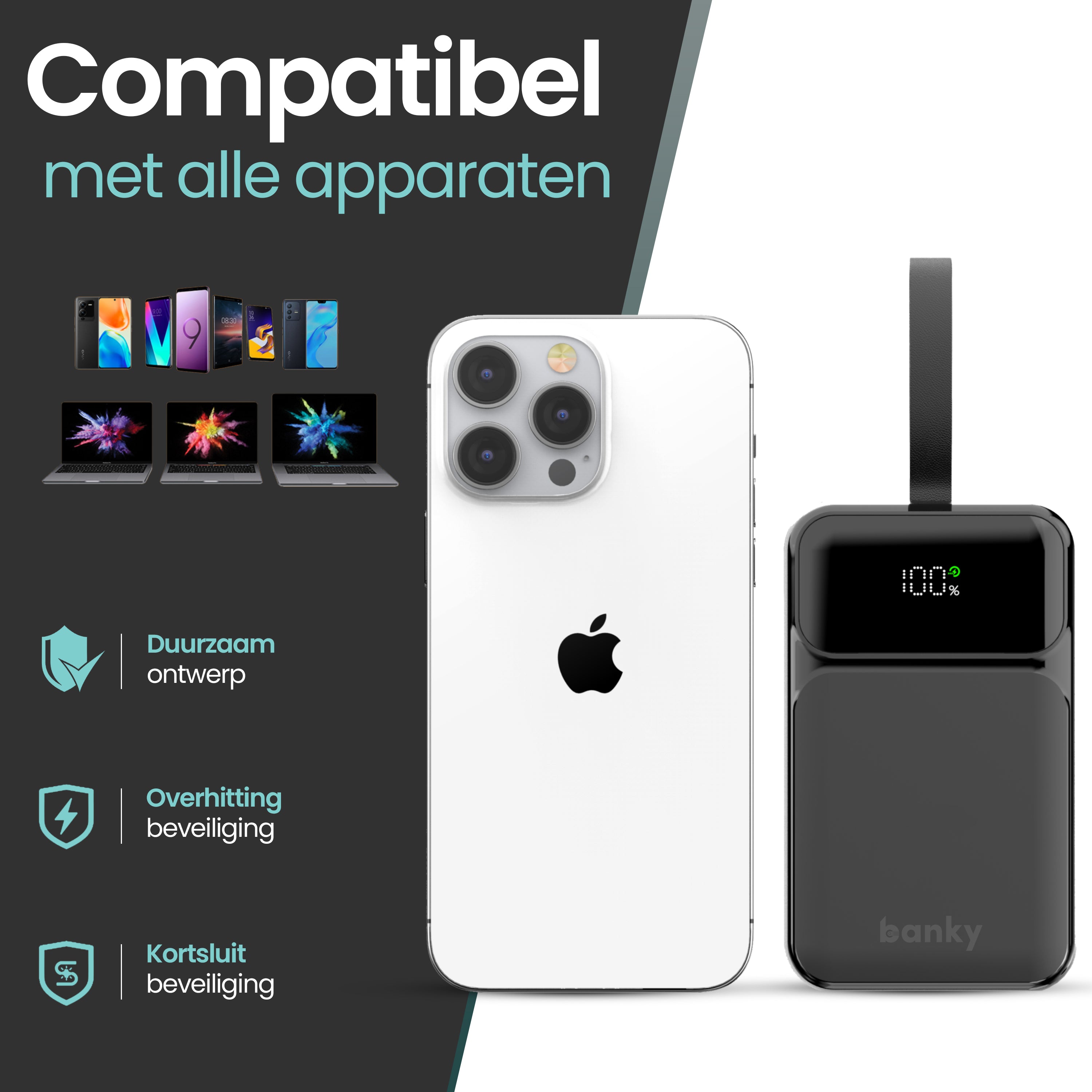 Banky laptop powerbank 27.000mAh met 65W USB-C, ideaal voor MacBook en laptops