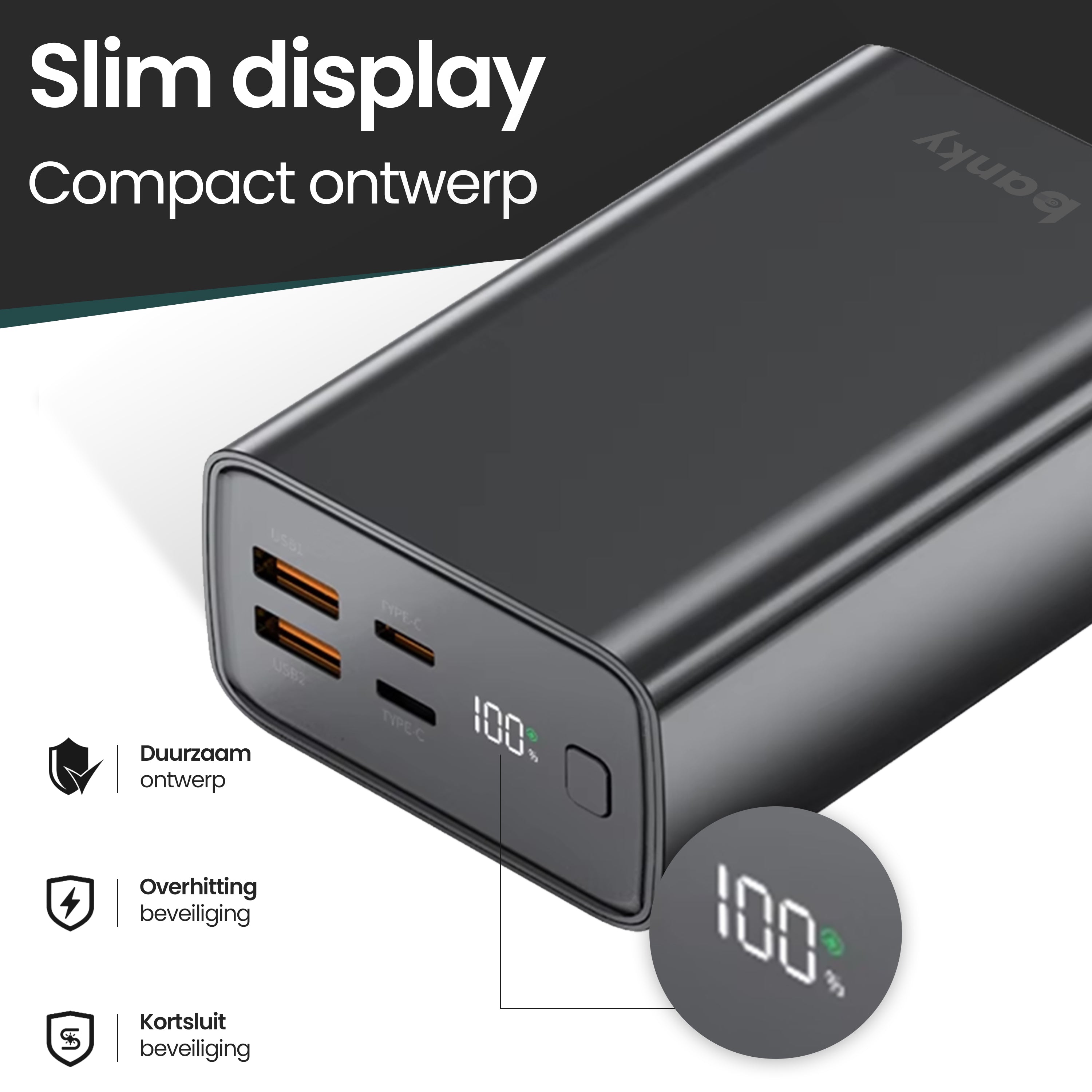 Banky laptop powerbank 30.000mAh met 4 USB-snellaadpoorten