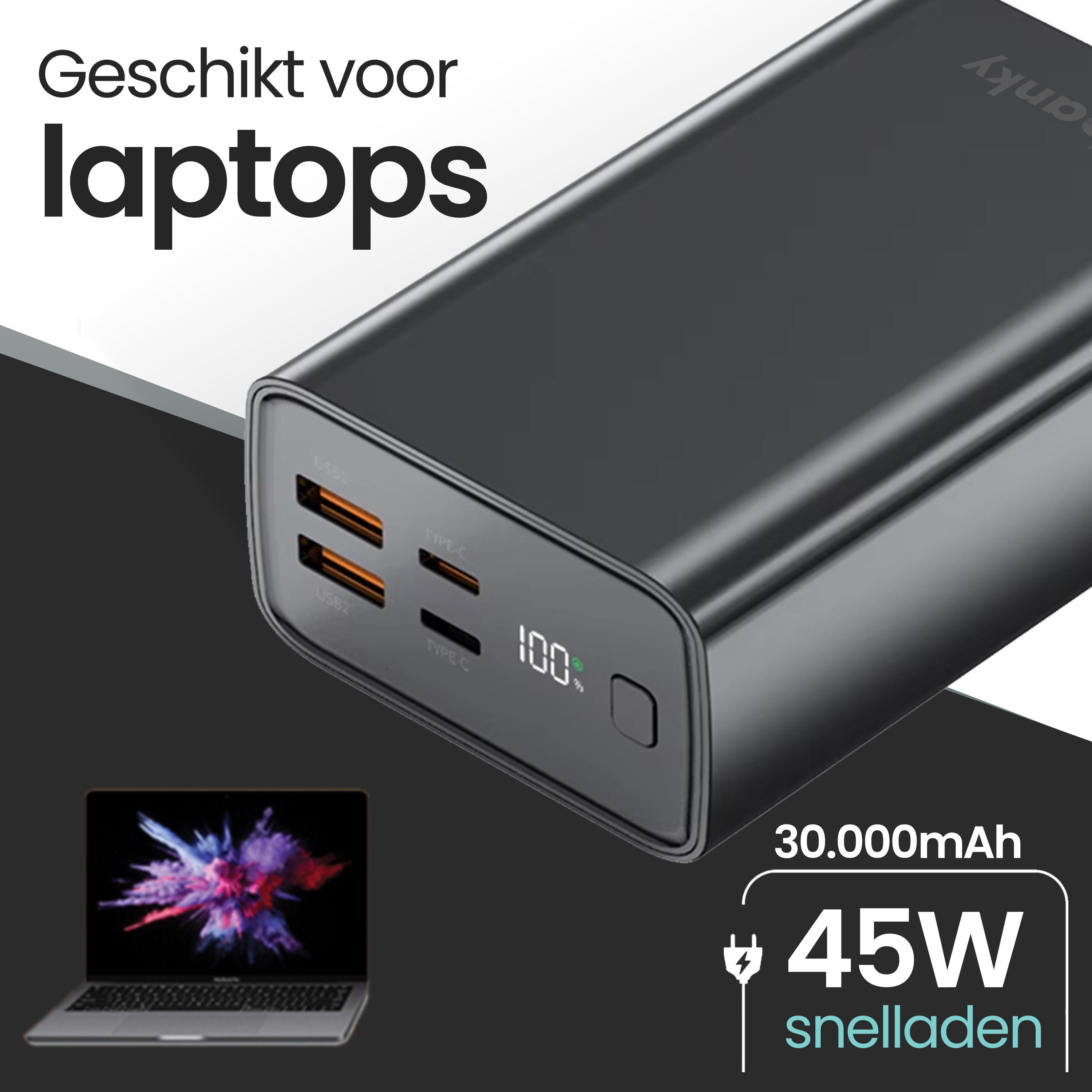 Banky laptop powerbank 30.000mAh met 45W USB-C, ideaal voor MacBook en laptops
