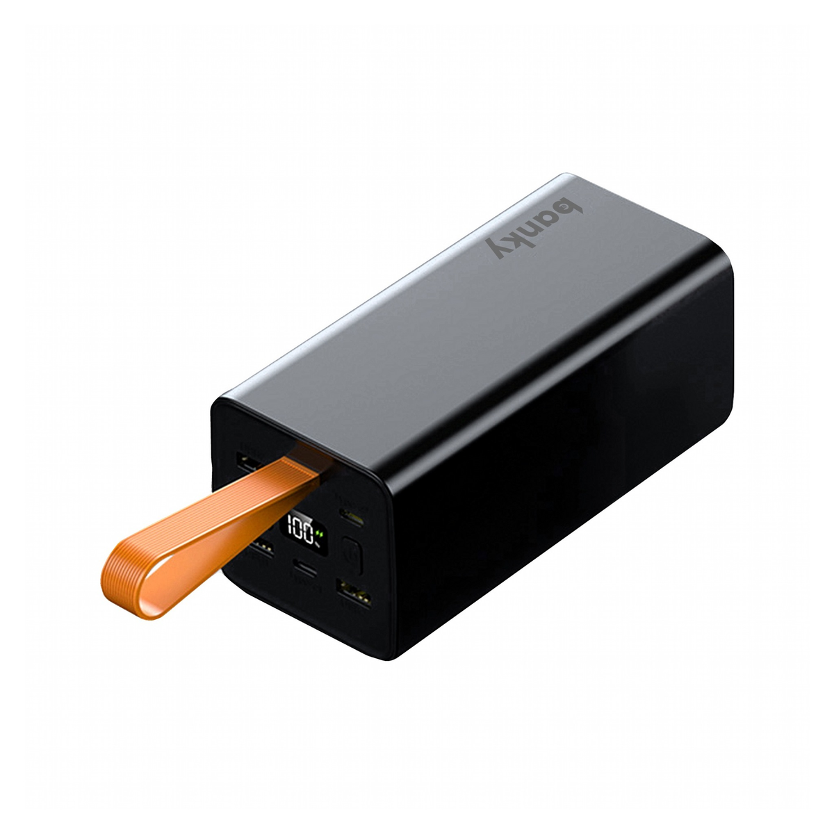 Banky laptop powerbank 50.000 mAh 100W powerstation zwart met oranje draaglus en display