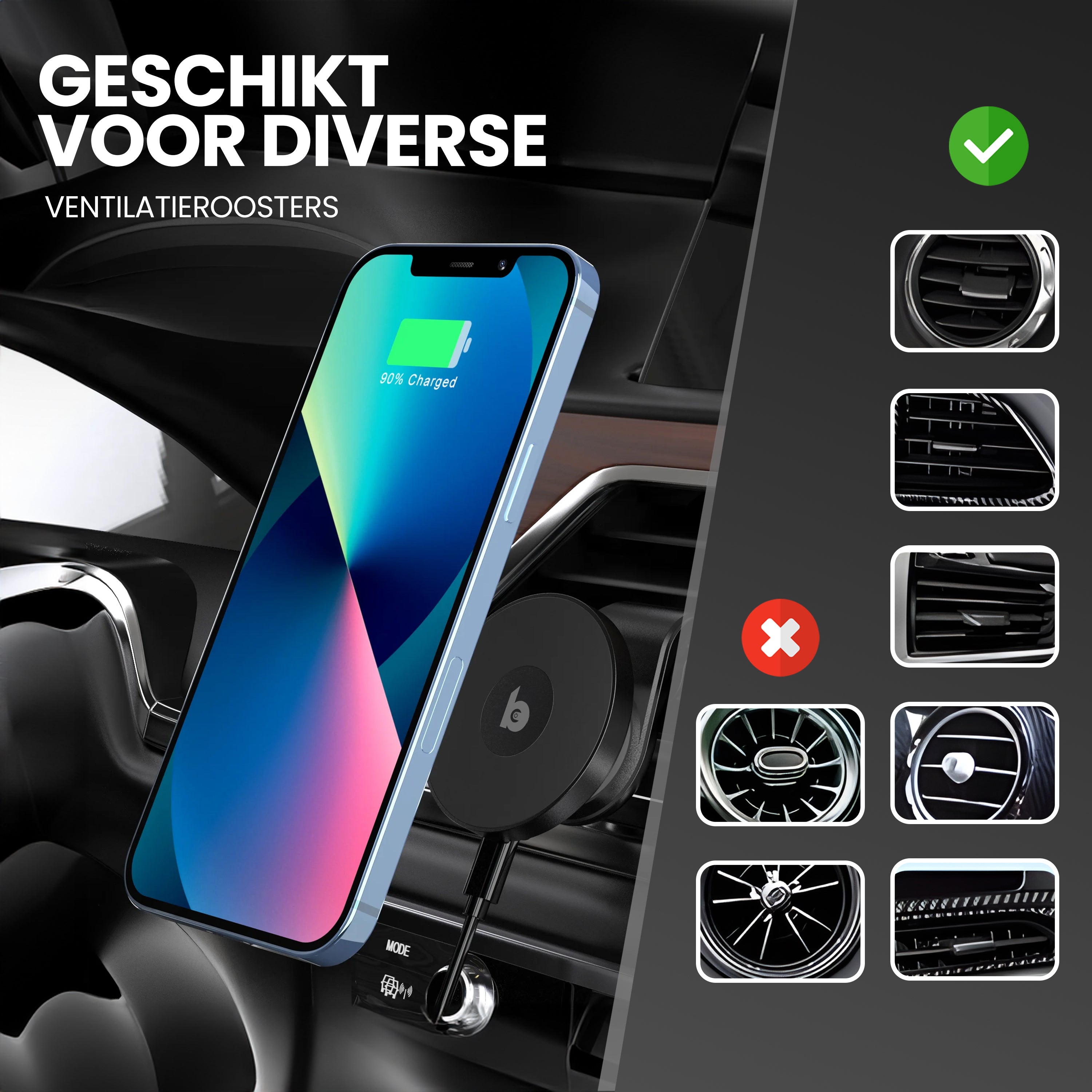 Banky MagSafe autohouder 15W met iPhone, getoond in de auto