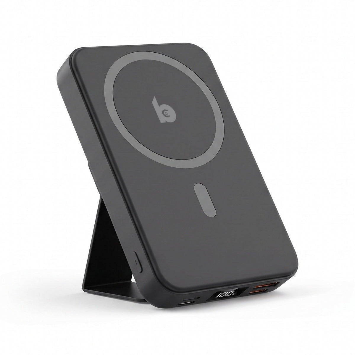 Zwarte Banky MagSafe powerbank 10.000 mAh 22,5W met uitklapbare standaard