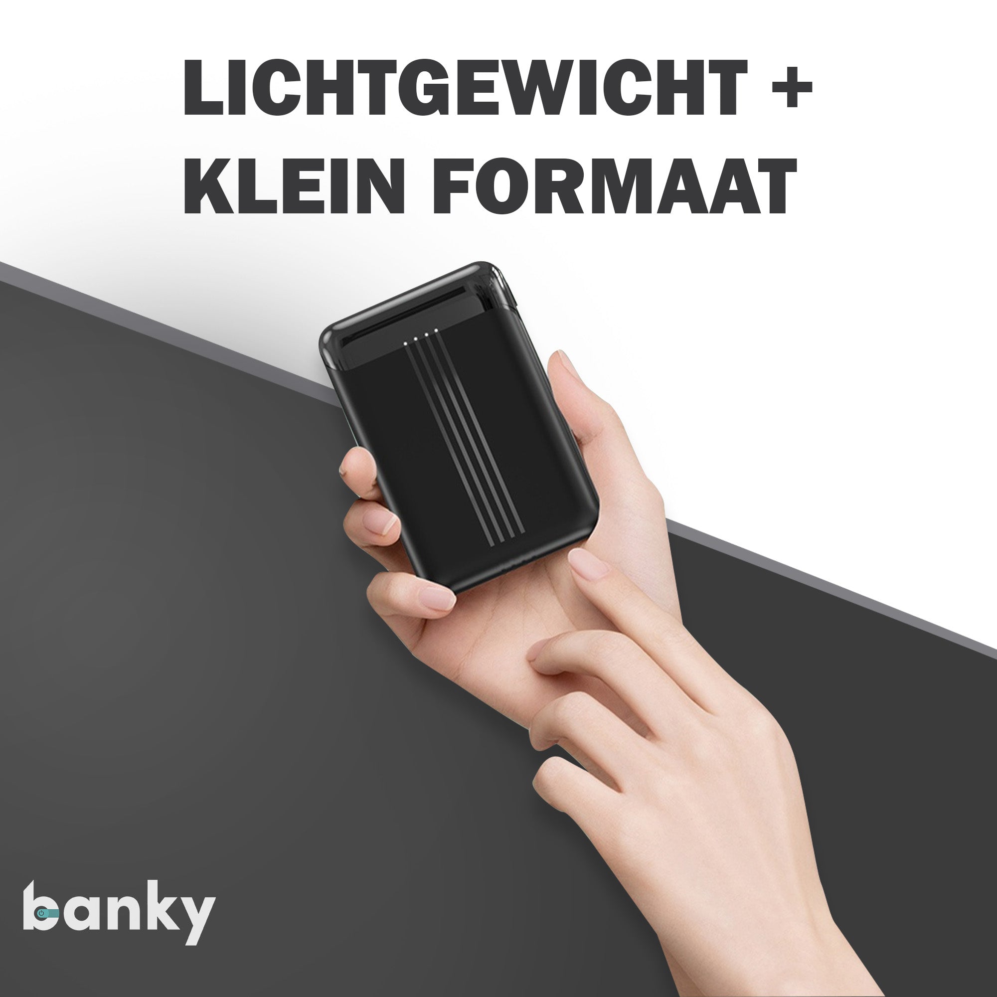 Banky mini powerbank 10.000mAh, compact en lichtgewicht, getoond in de hand