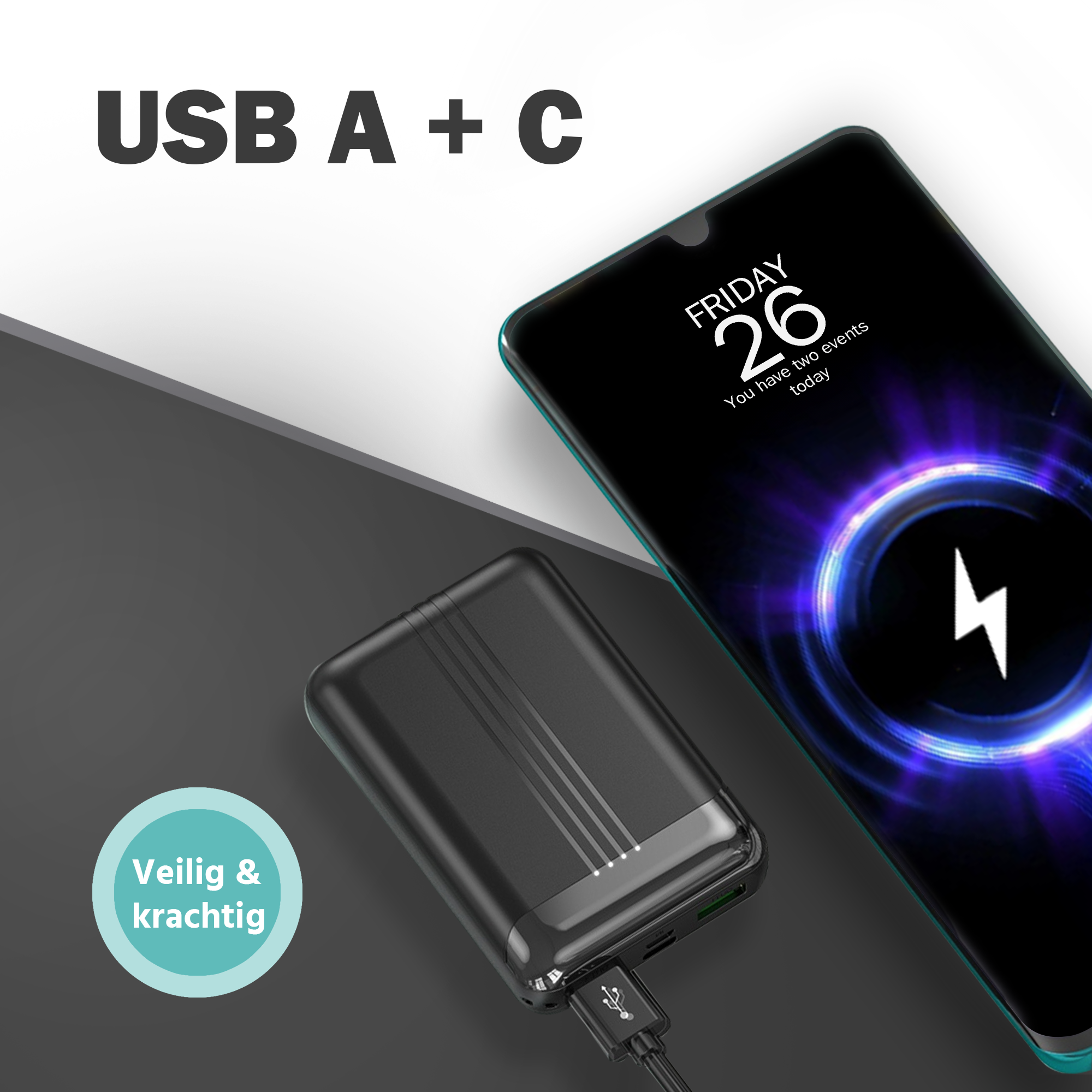 Banky mini powerbank 10.000mAh in het zwart met USB-A en USB-C, laadt je iPhone snel op
