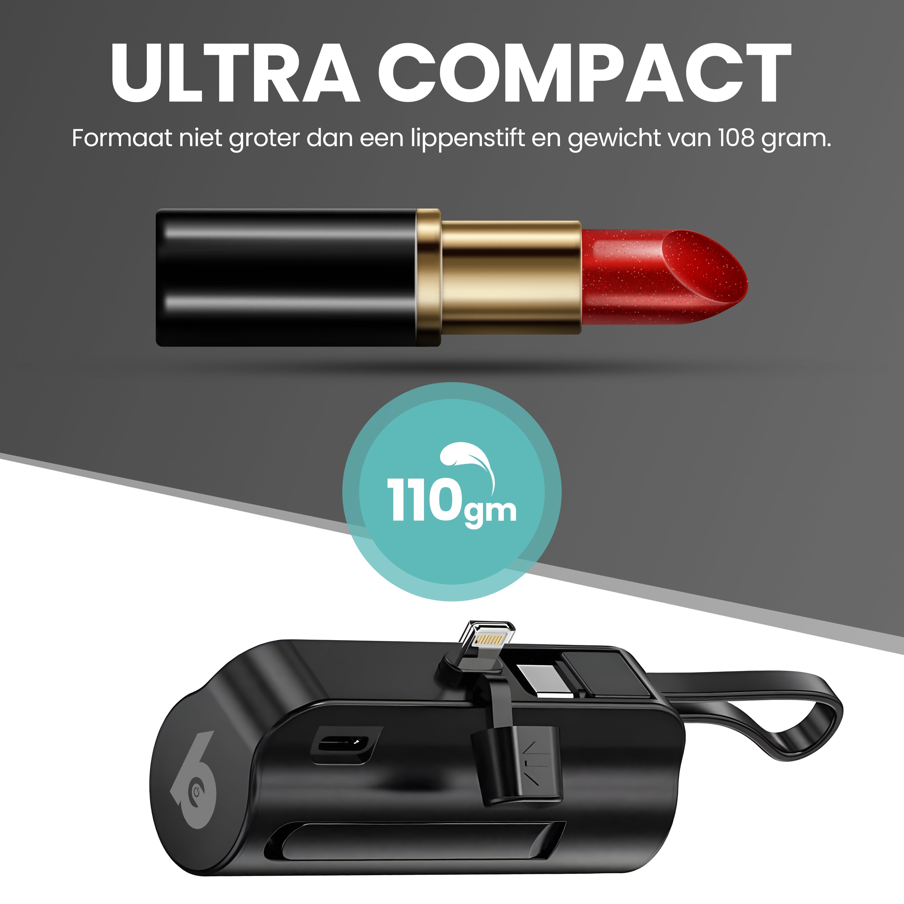 Banky mini powerbank in compact formaat, vergeleken met een lippenstift