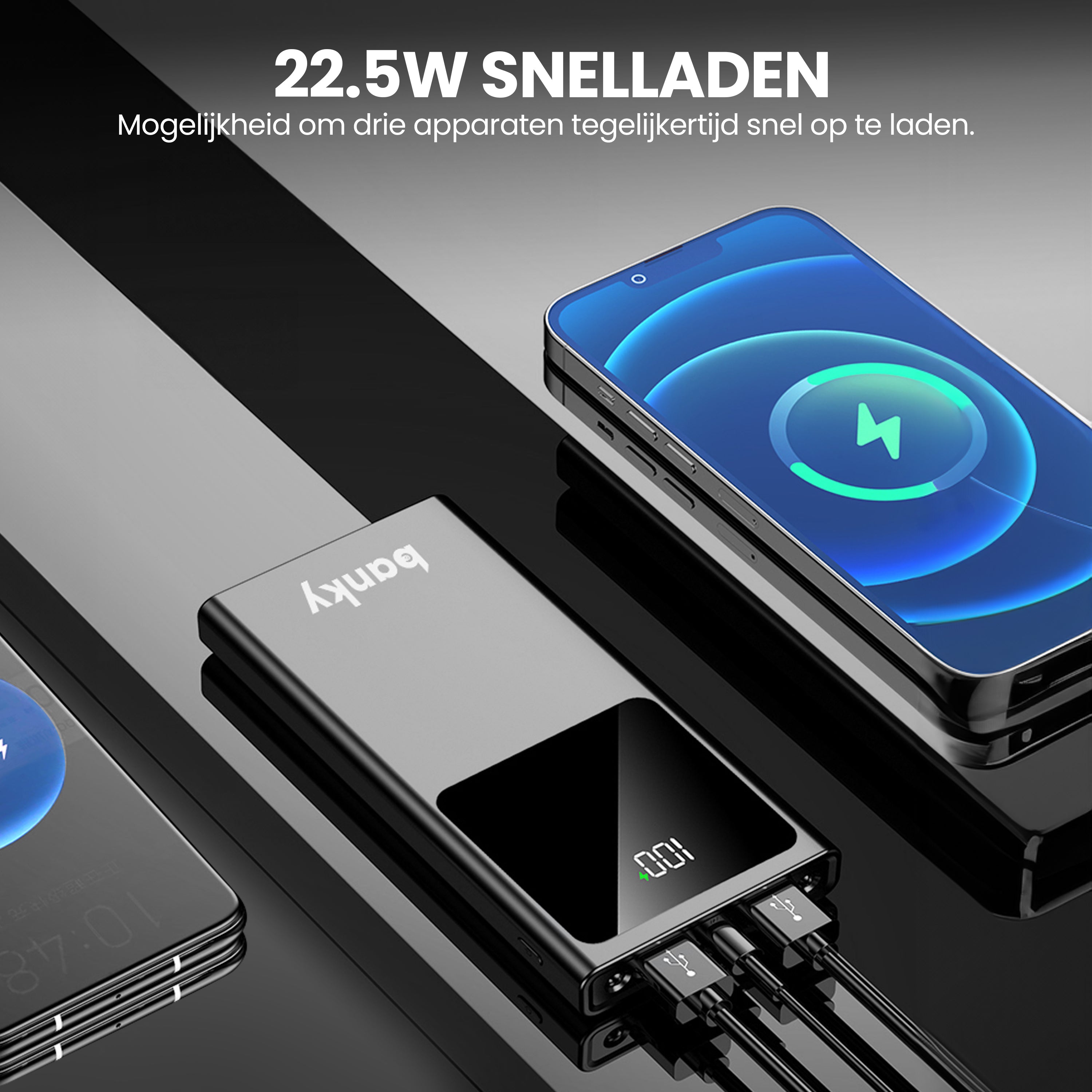 Banky powerbank 20.000mAh laadt 3 apparaten tegelijk, met ingebouwde zaklamp