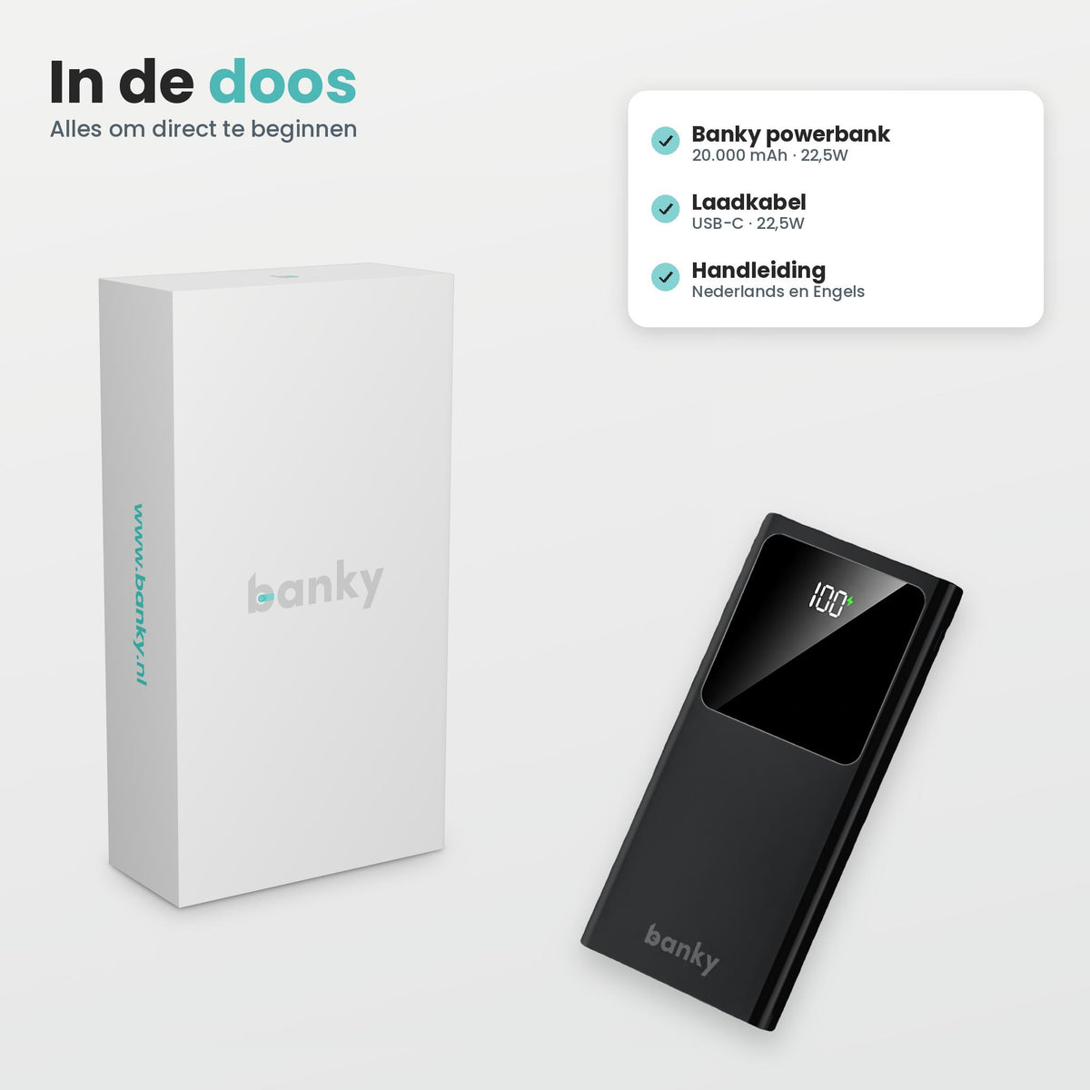 Inhoud doos Banky powerbank 20.000 mAh 22,5W: powerbank, USB-C laadkabel en handleiding