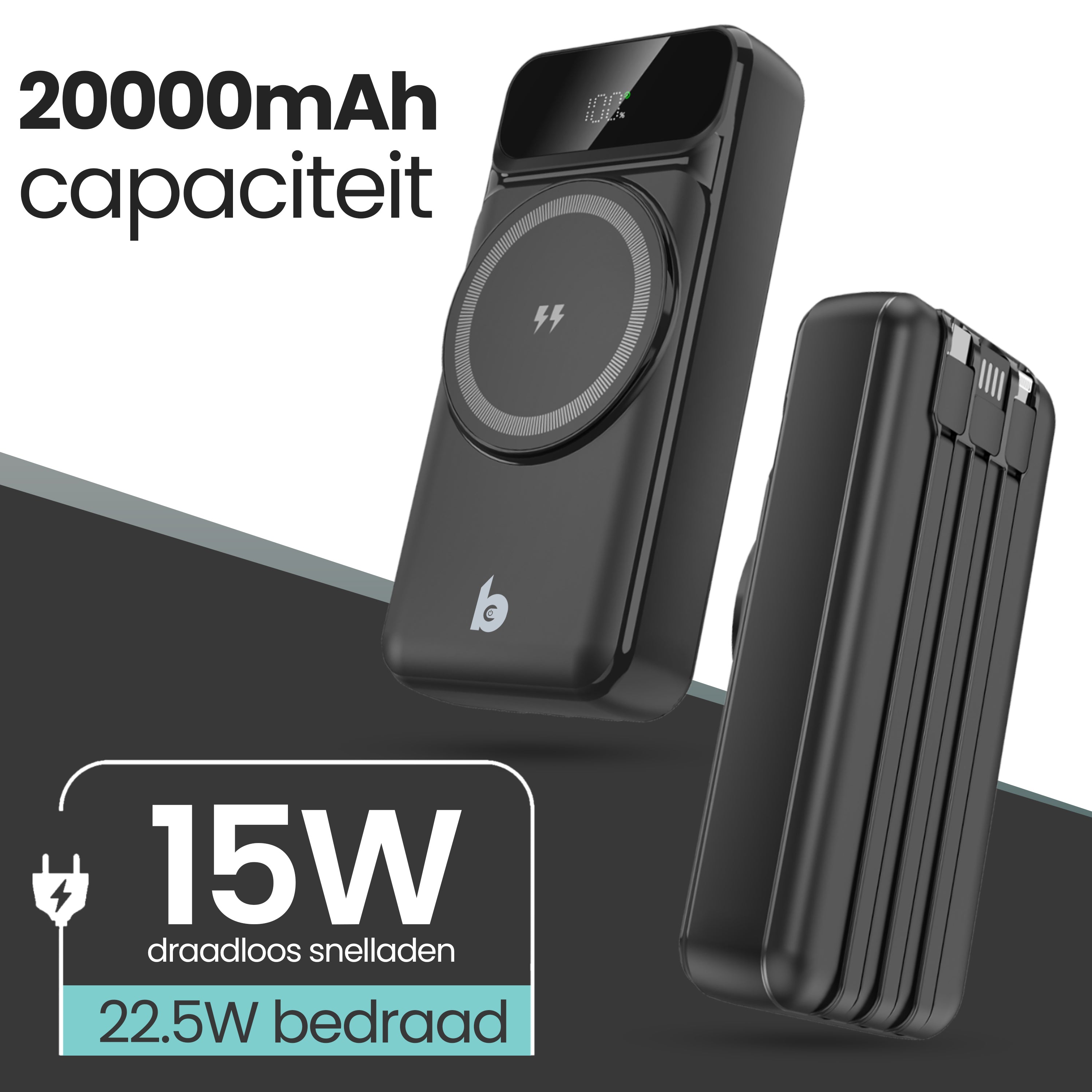 Banky powerbank 20.000mAh met ingebouwde USB-A, USB-C en Lightning kabels, ideaal voor onderweg