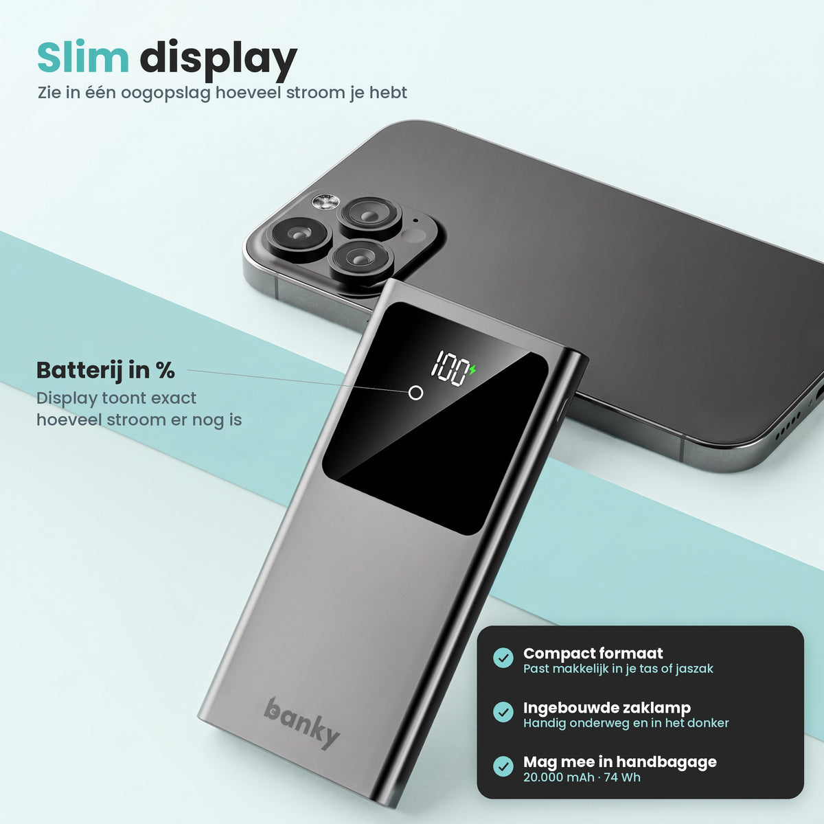 Banky powerbank 20.000 mAh met slim display in procenten, compact formaat, ingebouwde zaklamp en 74 Wh mag mee in handbagage