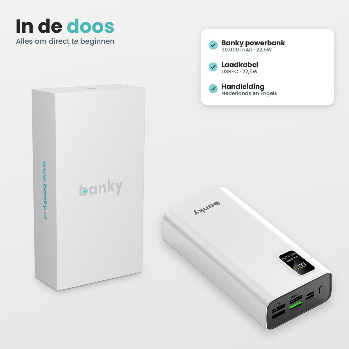 Inhoud doos witte Banky powerbank 30.000 mAh 22,5W: powerbank, USB-C laadkabel en handleiding
