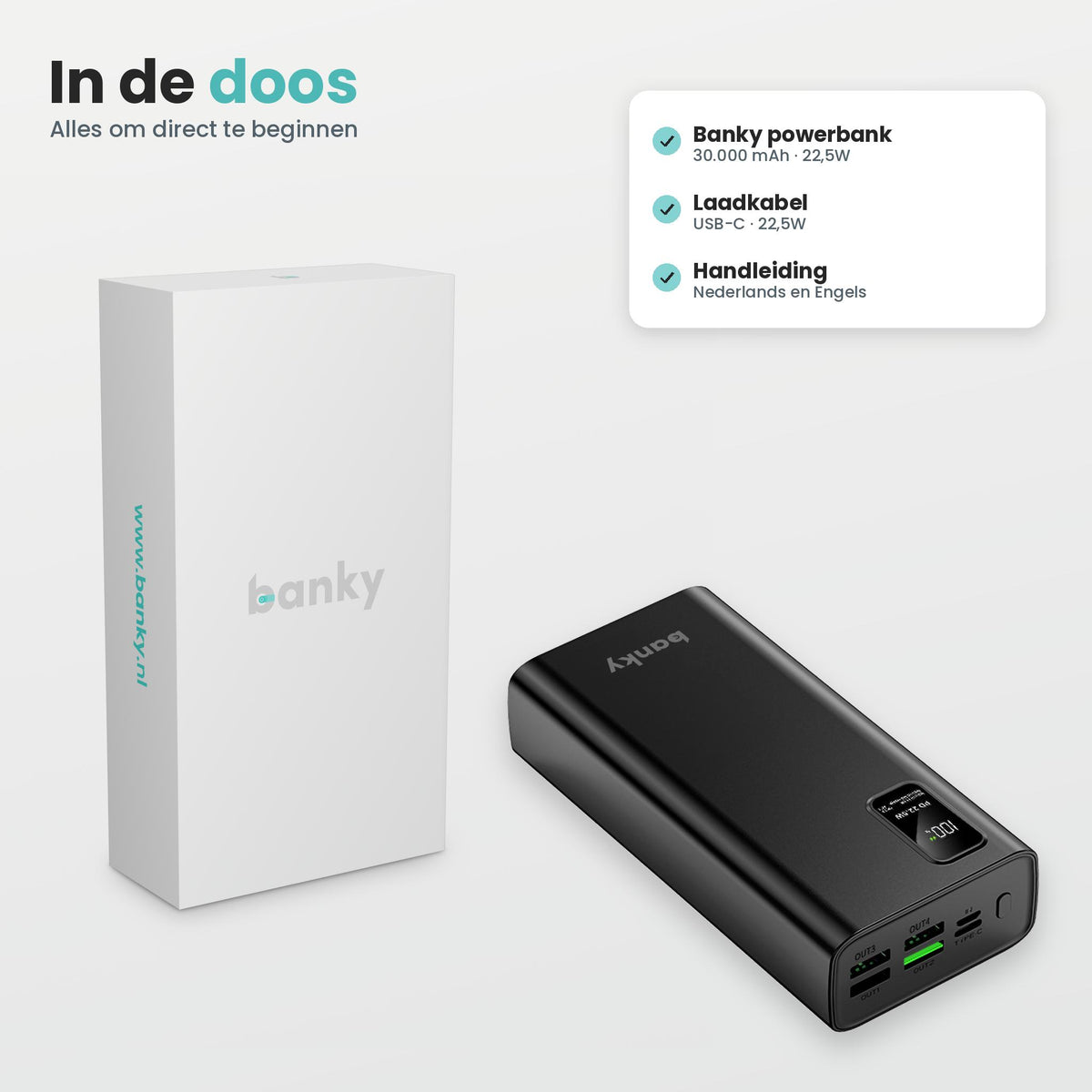 Inhoud doos zwarte Banky powerbank 30.000 mAh 22,5W: powerbank, USB-C laadkabel en handleiding