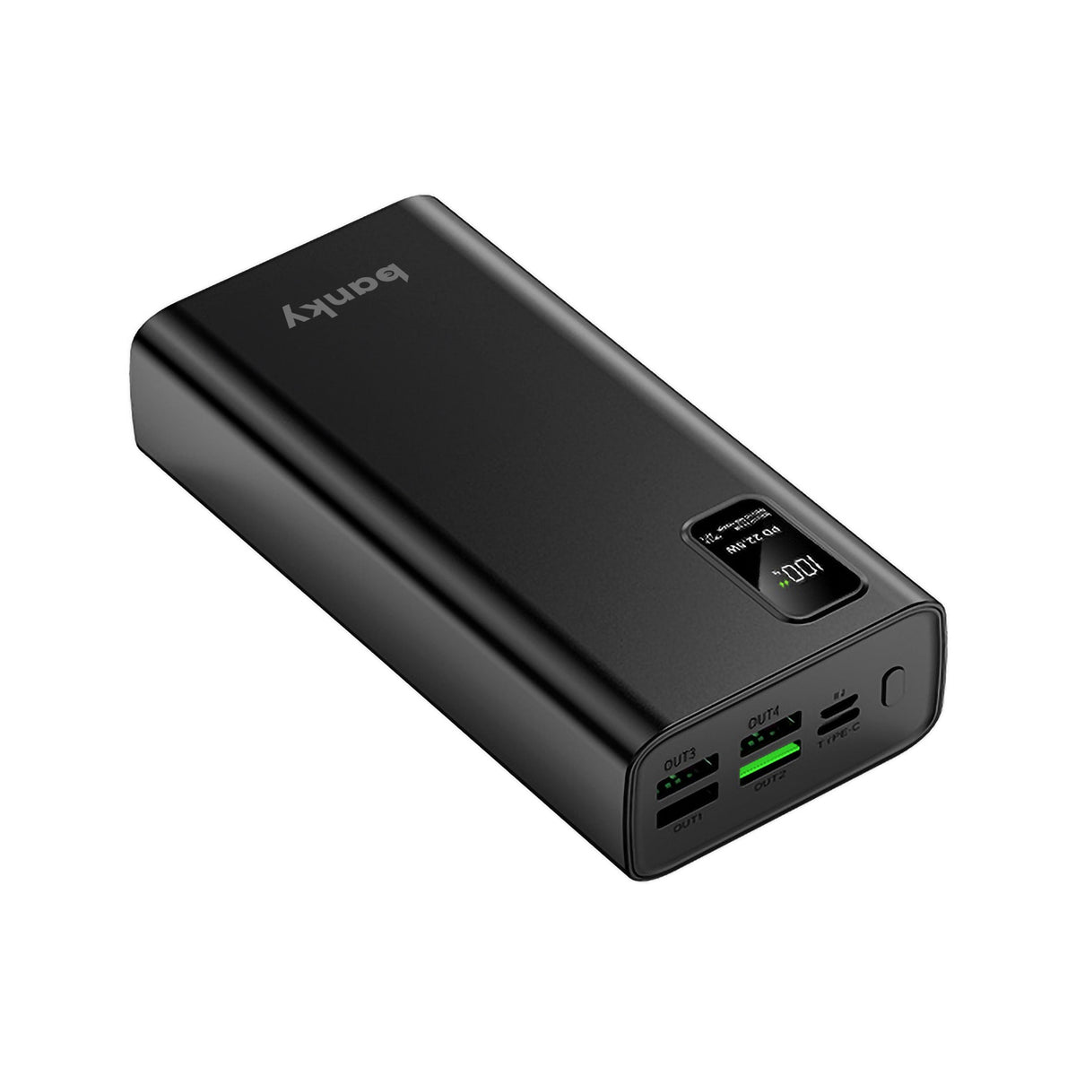 Zwarte Banky powerbank 30.000 mAh 22,5W snellader met percentagedisplay en USB-C