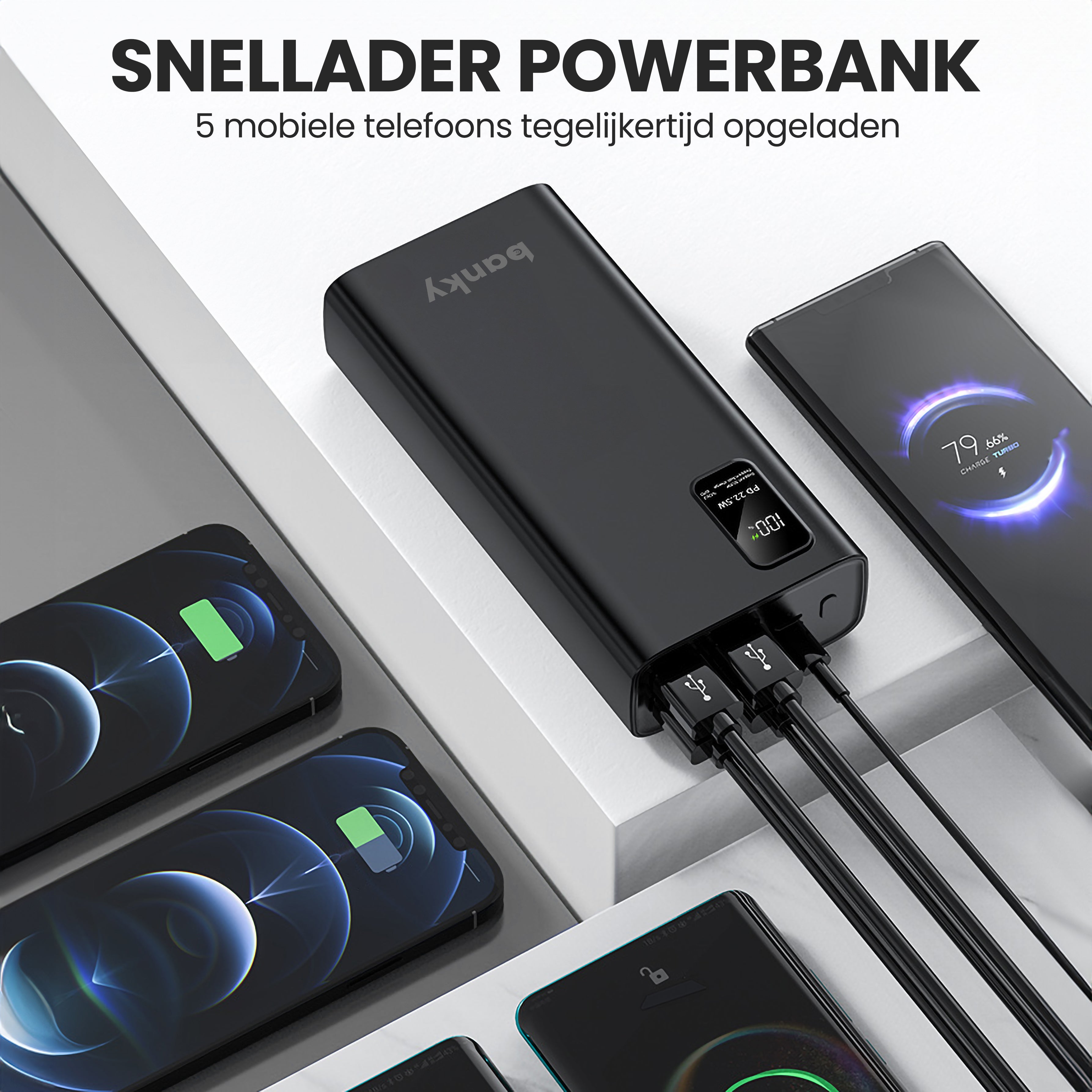 Banky powerbank 30.000mAh met 4 poorten, meerdere apparaten tegelijk laden met USB-C Power Delivery