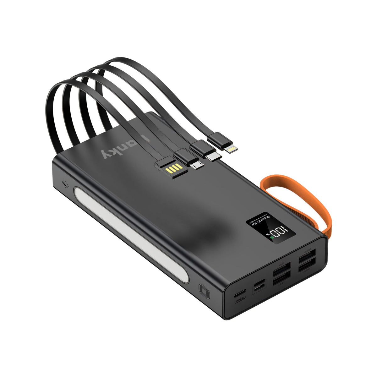 Zwarte Banky powerbank 30.000 mAh 22,5W met 4 ingebouwde kabels, zaklamp, display en oranje draaglus