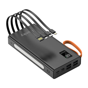 Banky powerbank 30.000 mAh 22,5W met ingebouwde kabels en oranje draaglus