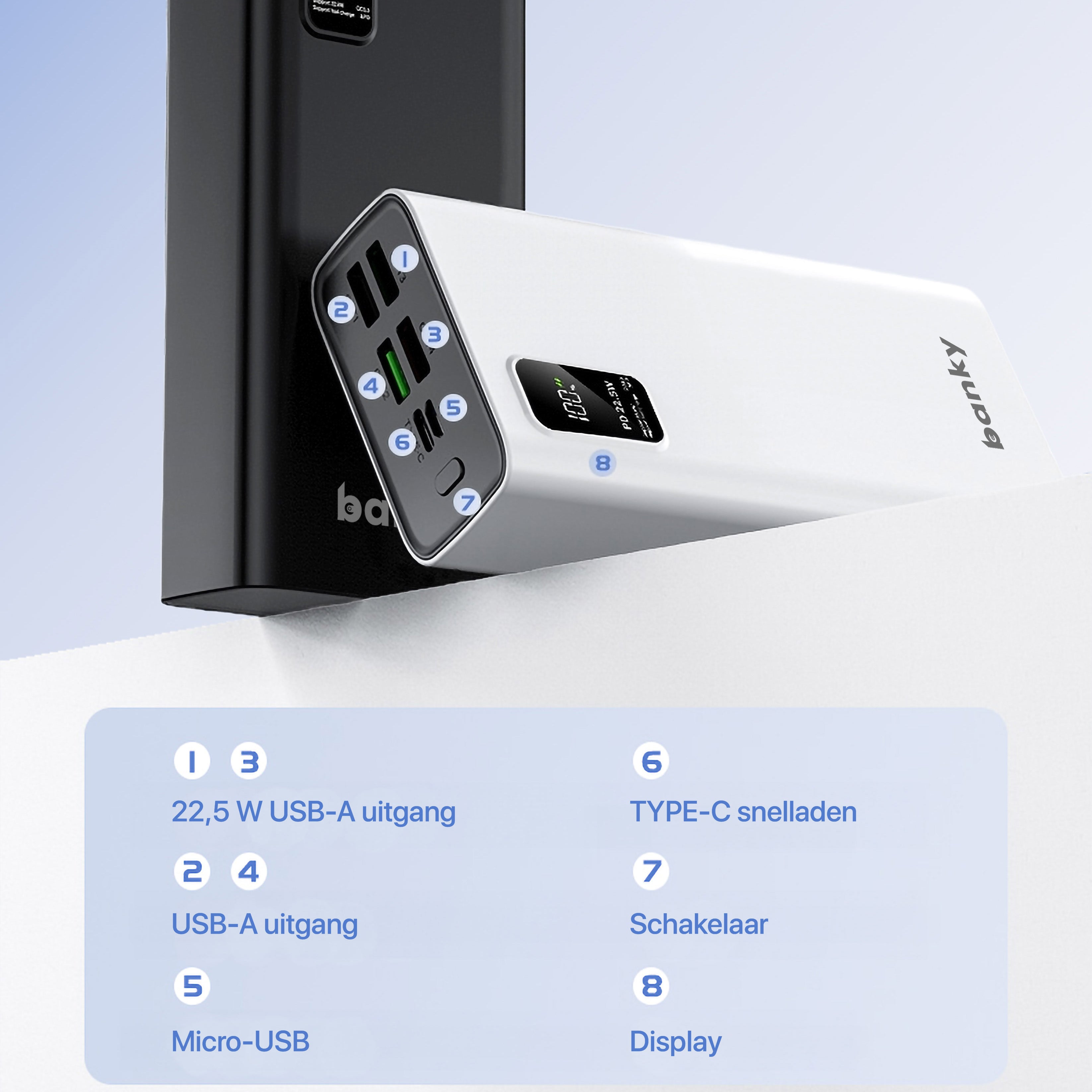 Banky powerbank 30.000mAh, compacte 22,5W snellader en ideale noodbatterij