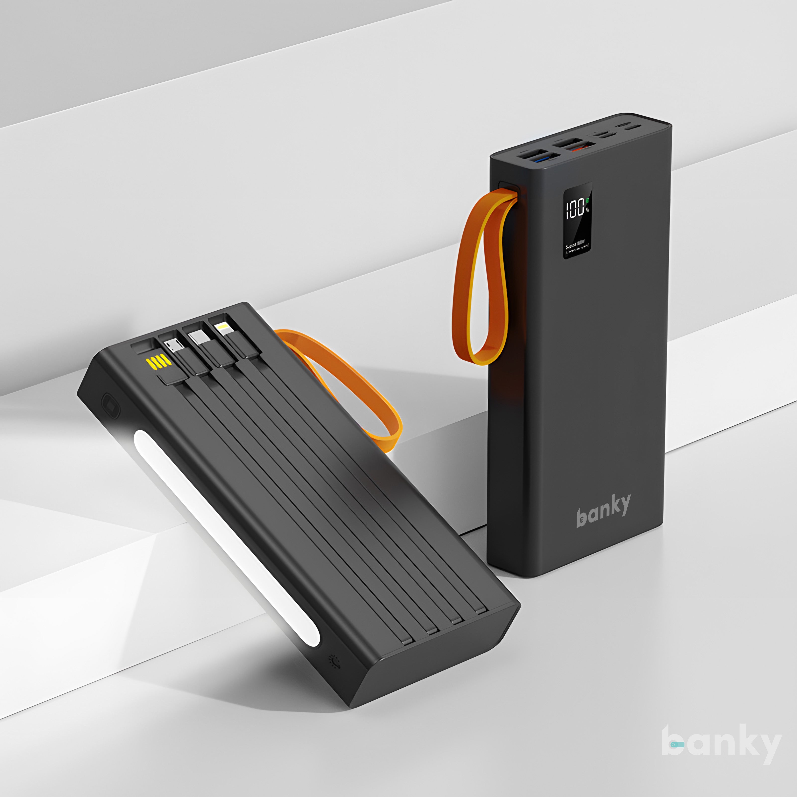 Banky powerbank 30.000mAh met zaklamp en ingebouwde kabels, ideaal als noodpakket