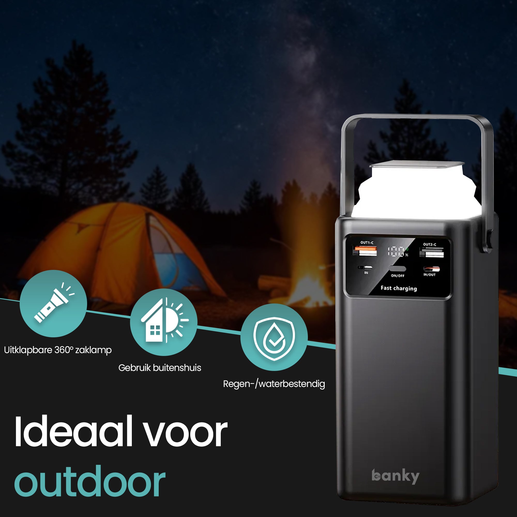 Banky powerbank met uitgeklapte 360 graden zaklamp, ideaal voor kamperen