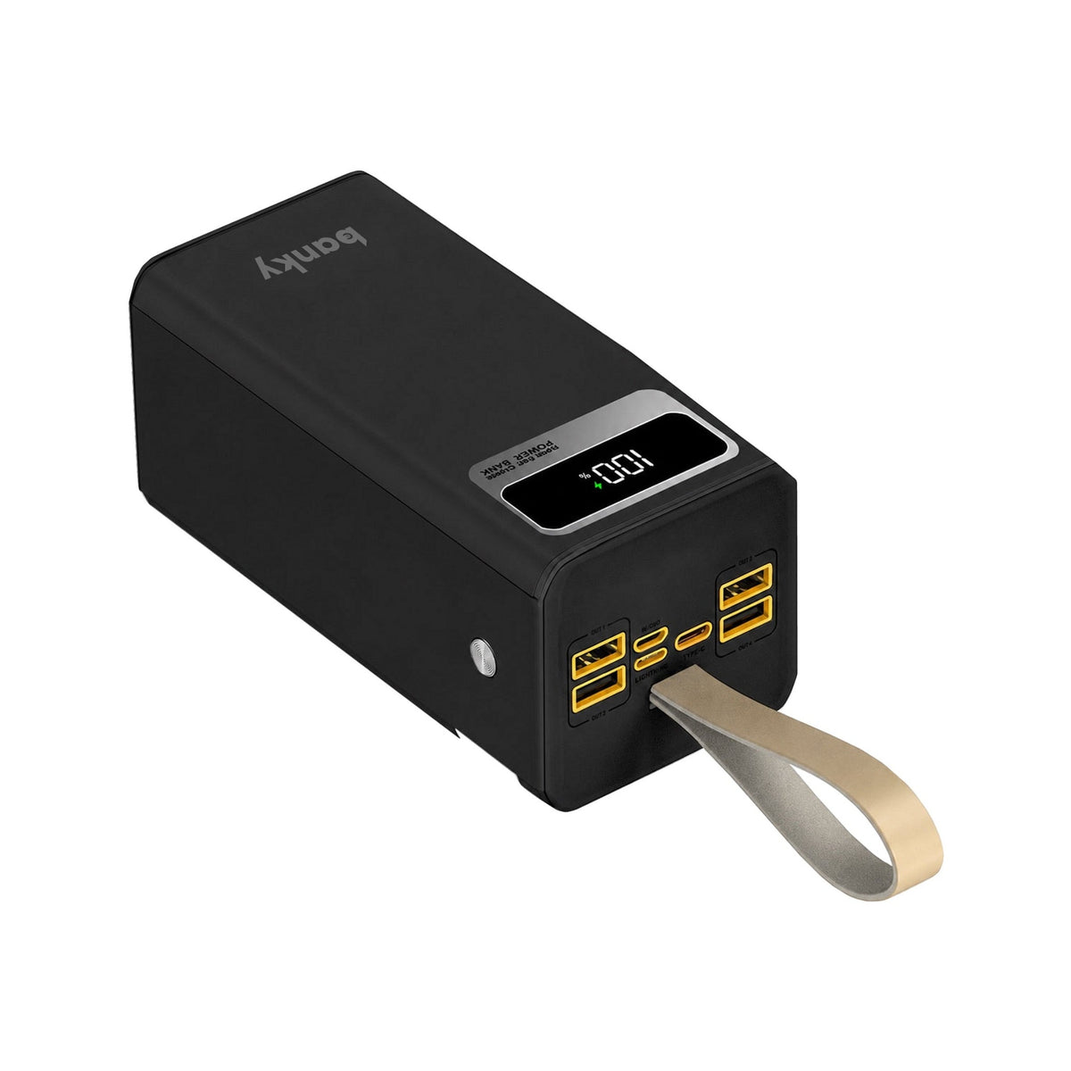 Zwarte Banky powerbank 50.000 mAh 22,5W powerstation met display, zaklamp en draaglus