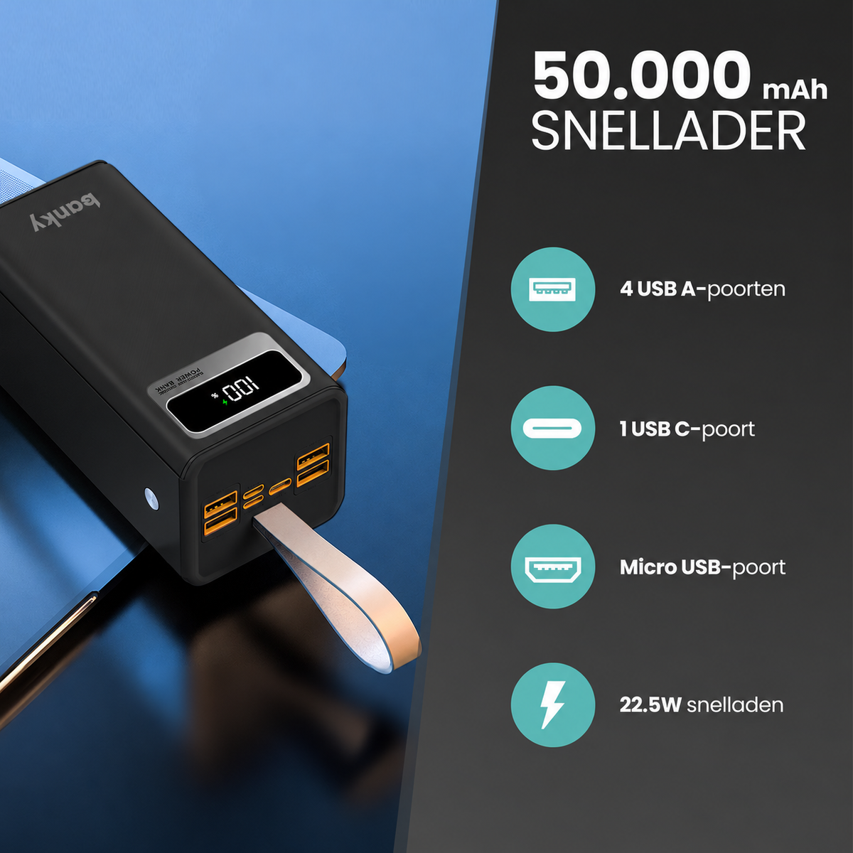 Infographic poorten Banky powerbank 50.000 mAh: 4x USB-A, 1x USB-C, Micro-USB en 22,5W snelladen