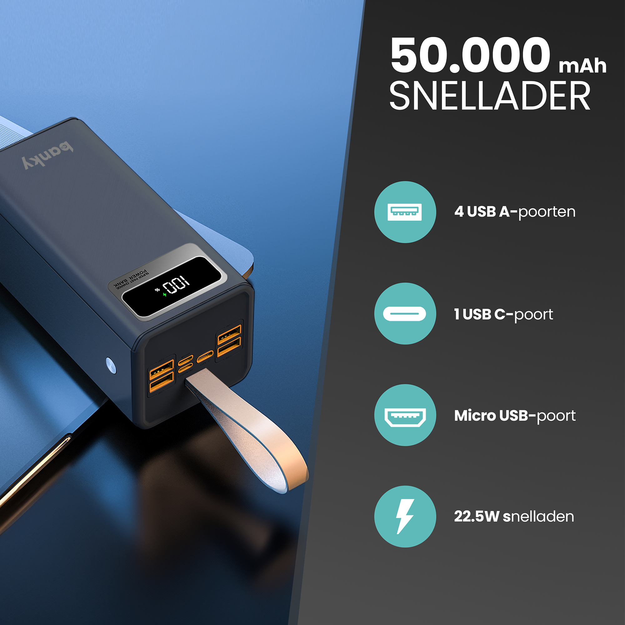 Infographic poorten Banky powerbank 50.000mAh: 4x USB-A, 1x USB-C, Micro-USB en 22,5W snelladen