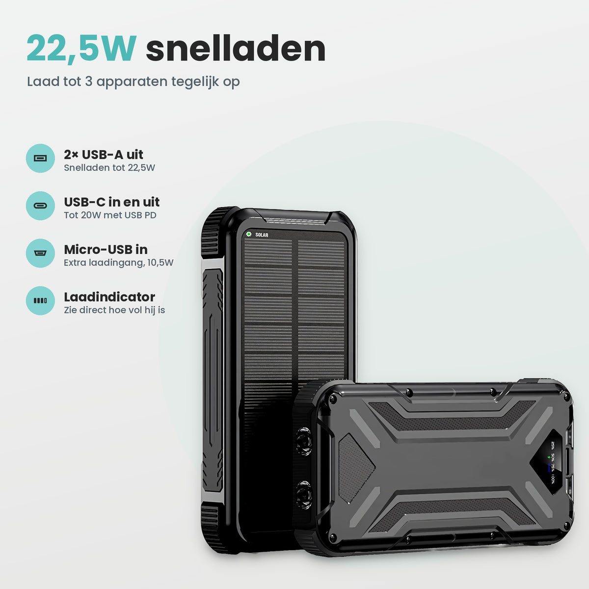 Banky solar powerbank 26.800 mAh 22,5W snelladen: 2× USB-A uit, USB-C in en uit tot 20W, Micro USB in en laadindicator