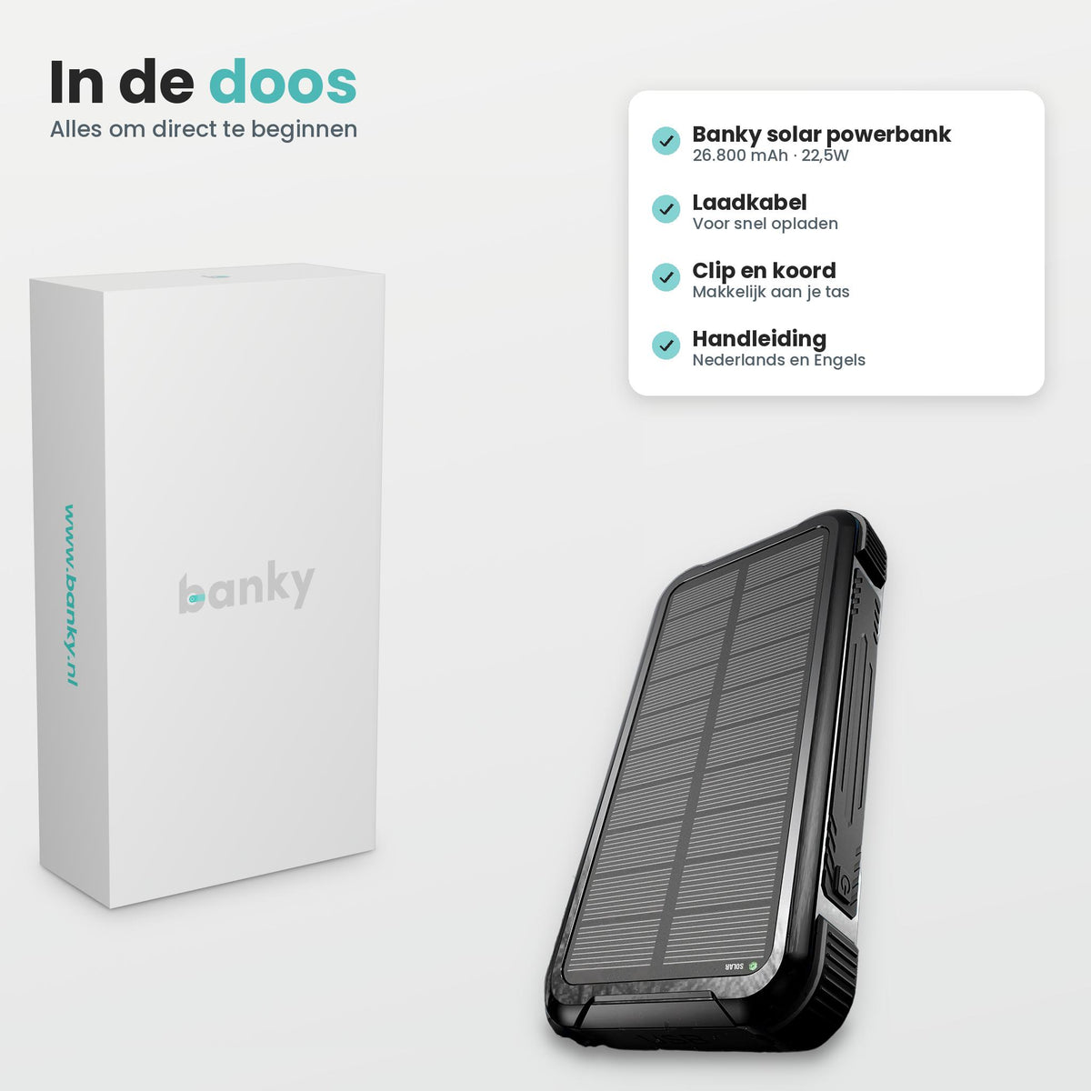 Inhoud doos Banky solar powerbank 26.800 mAh: powerbank, laadkabel, clip en koord en handleiding