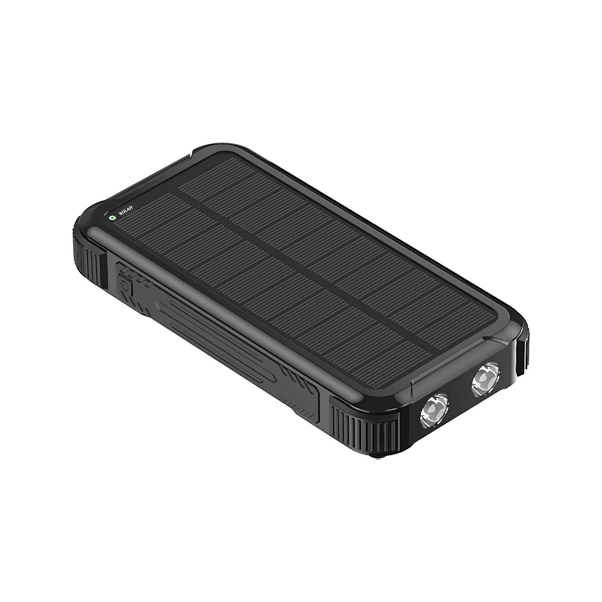 Zwarte Banky solar powerbank 26.800 mAh 22,5W met zonnepaneel en dubbele LED zaklamp