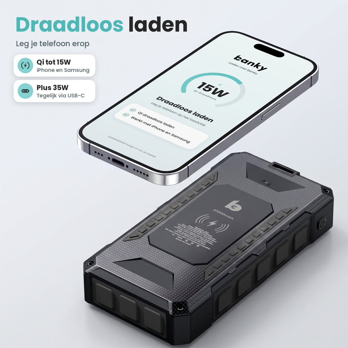 Telefoon draadloos laden op de Banky solar powerbank 27.000 mAh met Qi tot 15W, plus 35W tegelijk via USB-C