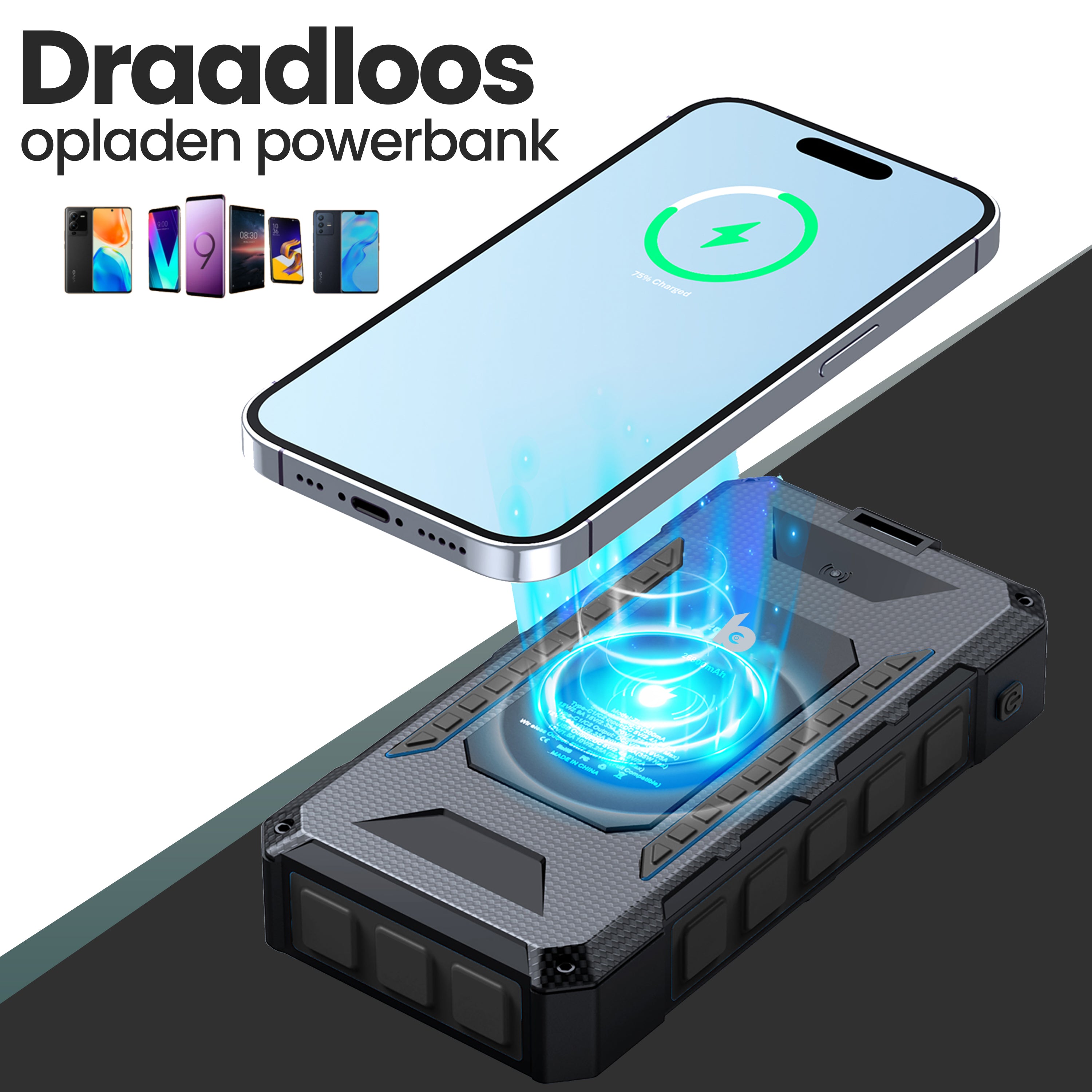 Banky solar powerbank 27.000mAh met draadloos snelladen