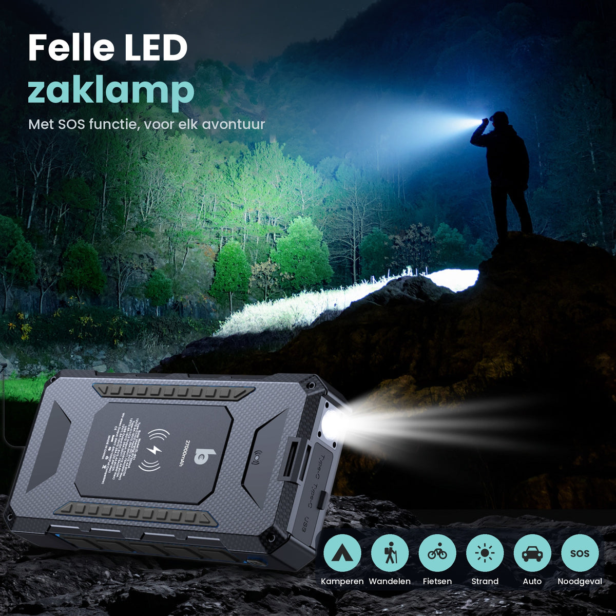Banky solar powerbank 27.000 mAh met felle LED zaklamp en SOS functie, buiten in het donker voor kamperen, wandelen en noodgevallen