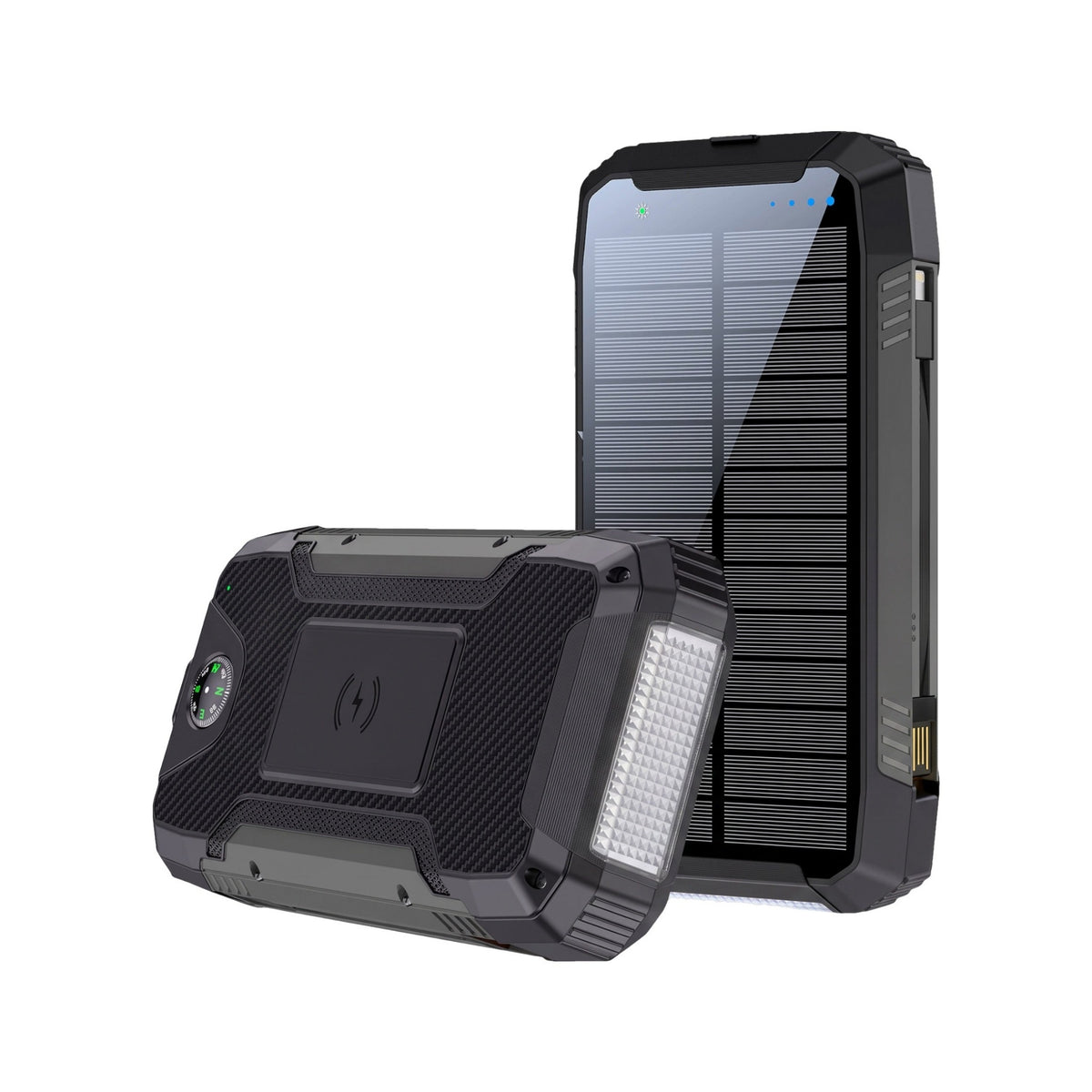 Banky solar powerbank 30.000 mAh 22,5W voor en achter, met zonnepaneel, draadloos laadvlak en LED zaklamp