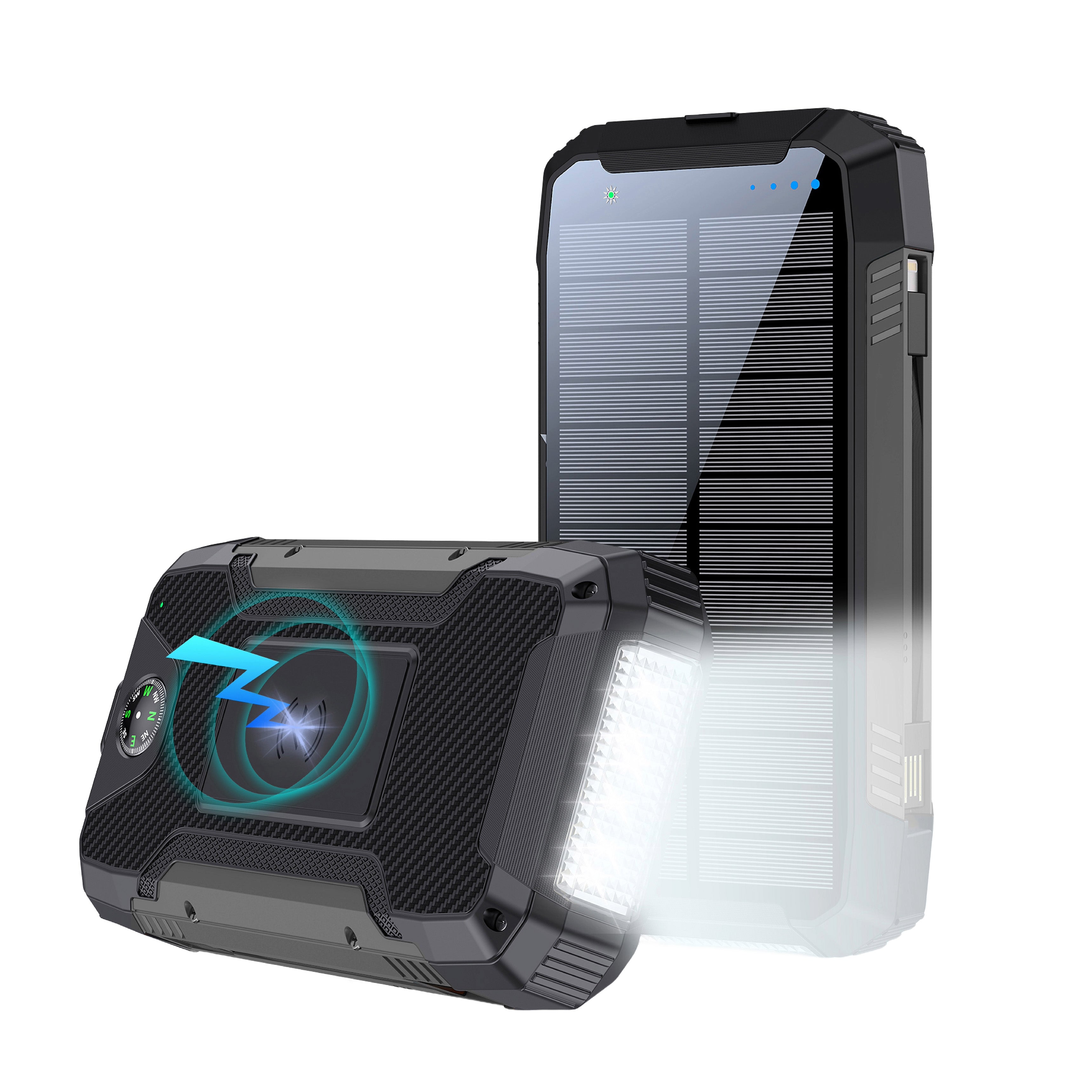 Banky solar powerbank 30.000mAh met draadloos opladen en zonne-energie, ideaal als noodpakket
