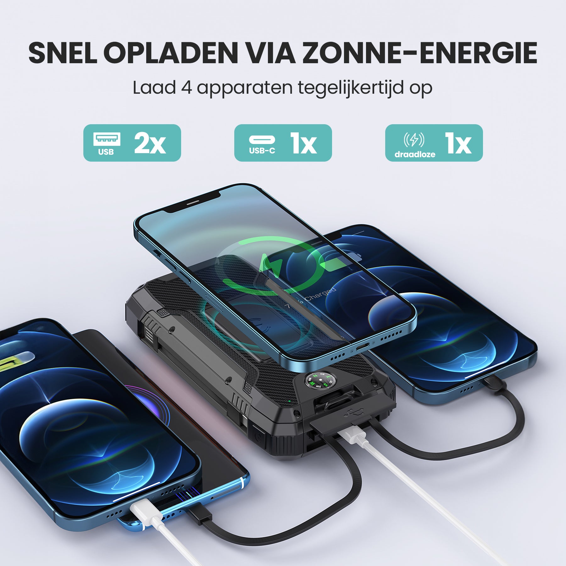 Banky solar powerbank 30.000mAh met ingebouwde snellaadkabels