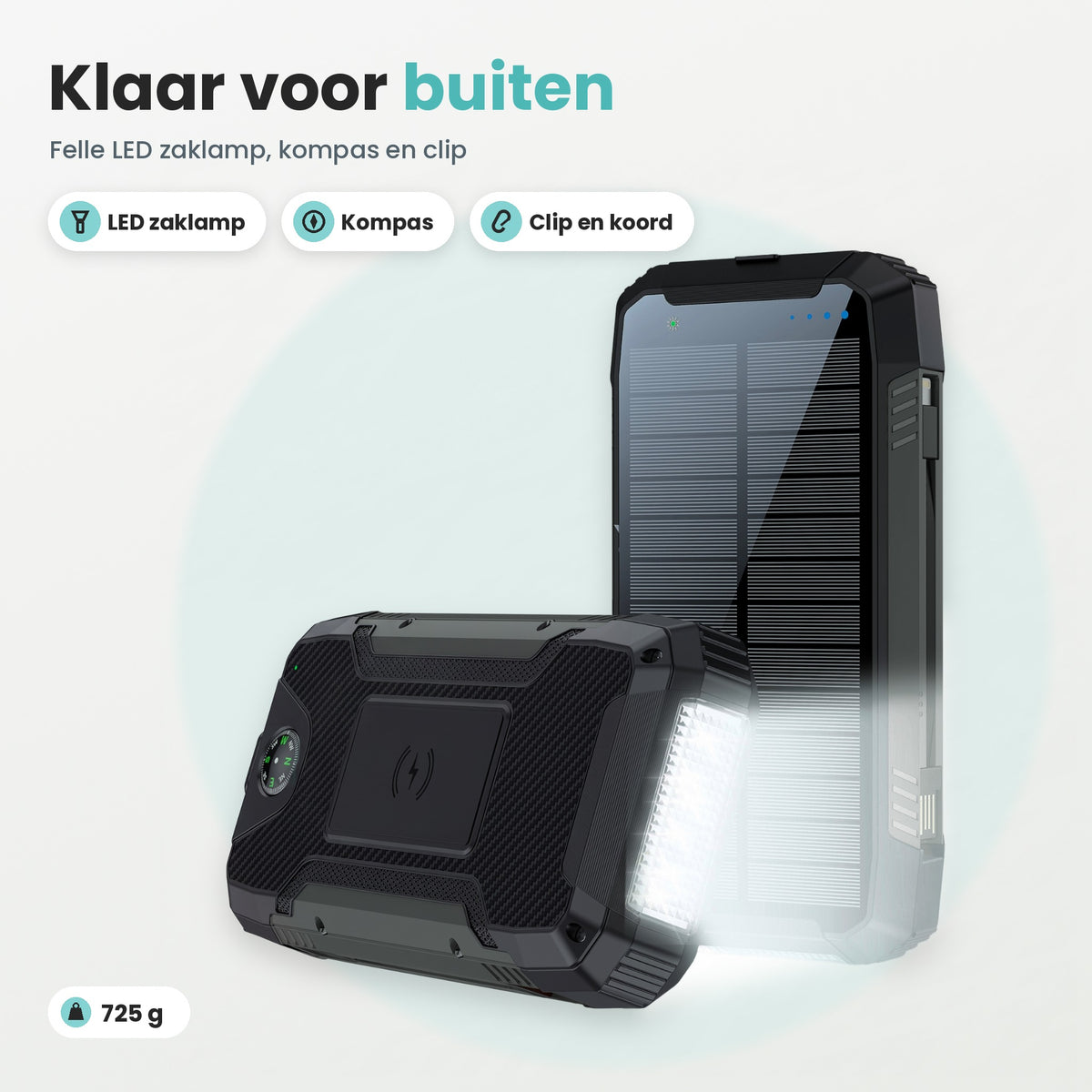 Banky solar powerbank 30.000 mAh klaar voor buiten met felle LED zaklamp, kompas, clip en koord, 725 g