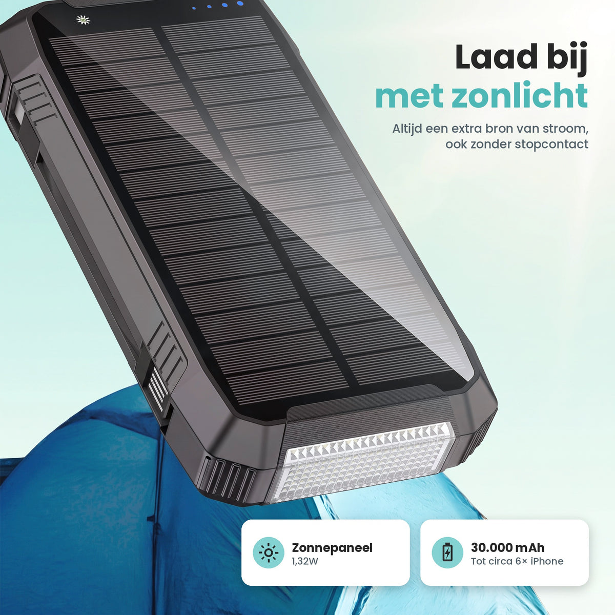 Banky solar powerbank 30.000 mAh laadt bij met zonlicht via het 1,32W zonnepaneel, extra stroom ook zonder stopcontact