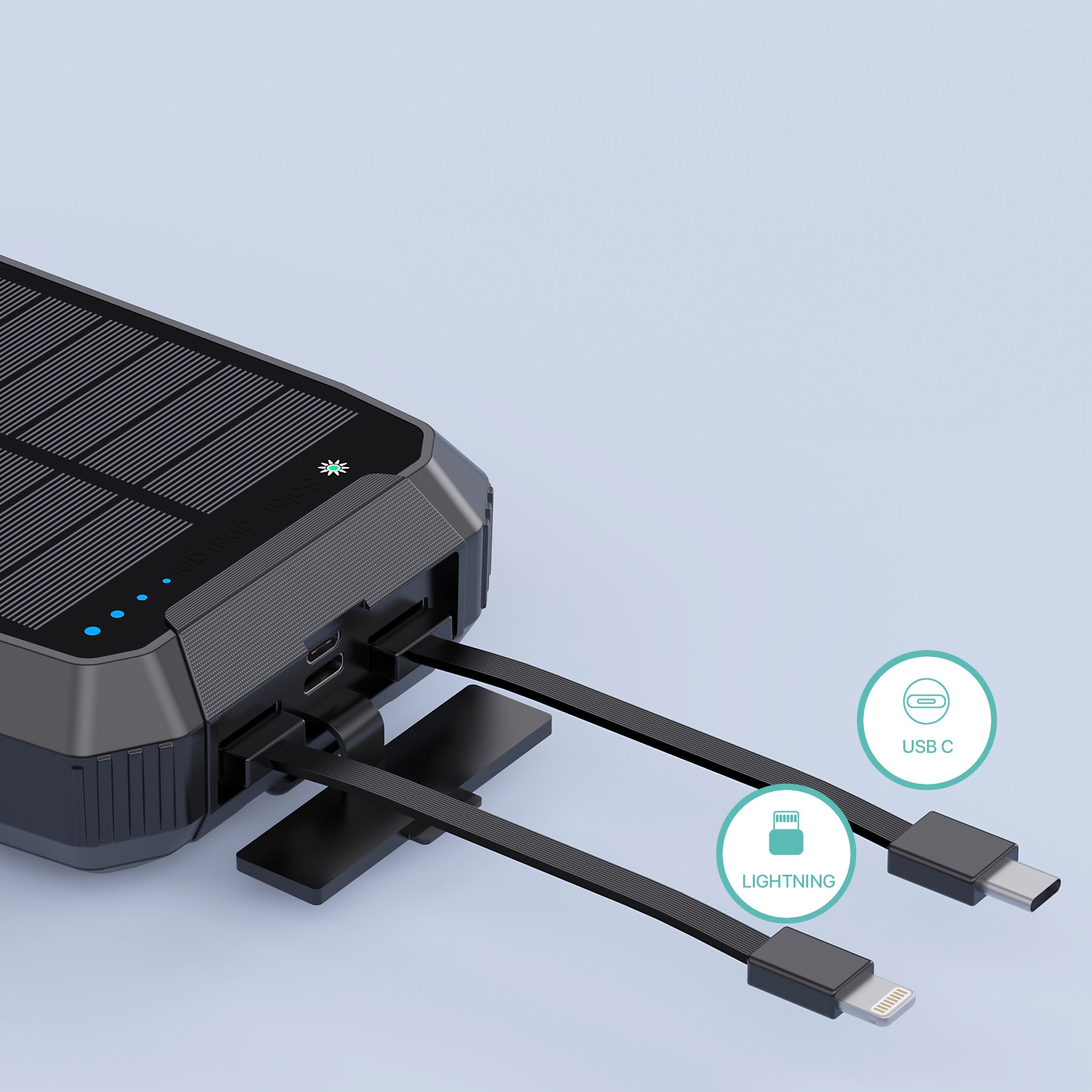 Banky solar powerbank 30.000mAh met 22,5W snelladen en ingebouwde kabels