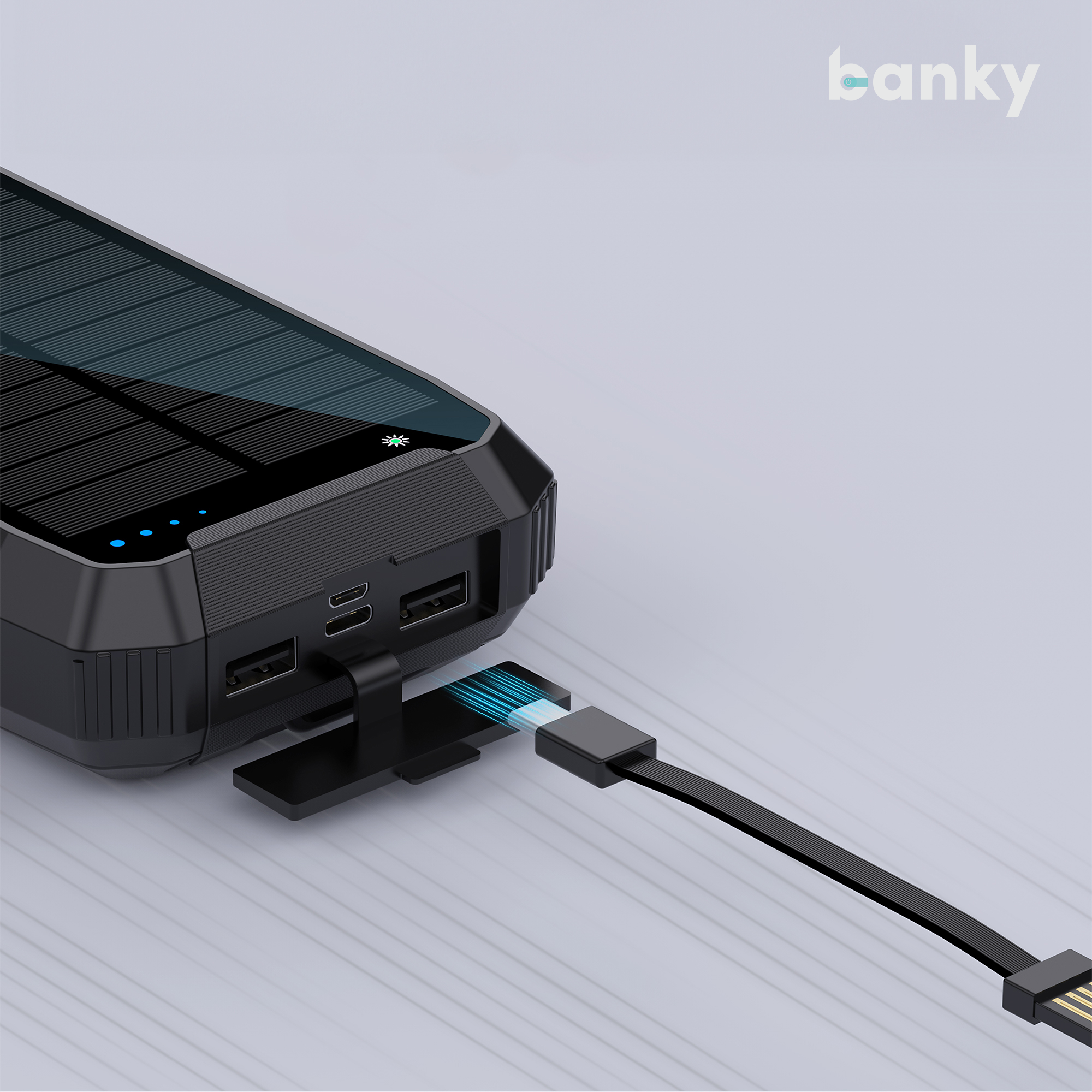 Banky solar powerbank 30.000mAh: zonlicht laden, draadloos opladen en waterdicht voor onderweg