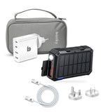 Banky Solar & Reis Bundel met 27.000 mAh solar powerbank, 100W reisadapter met originele reistas en stekkerkoppen, en witte 65W USB-C-kabel