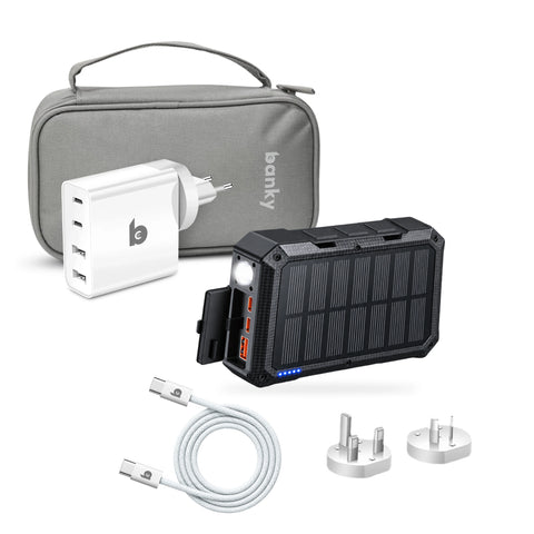 Banky Solar & Reis Bundel: Solar Powerbank, Reisadapter en USB-C Kabel