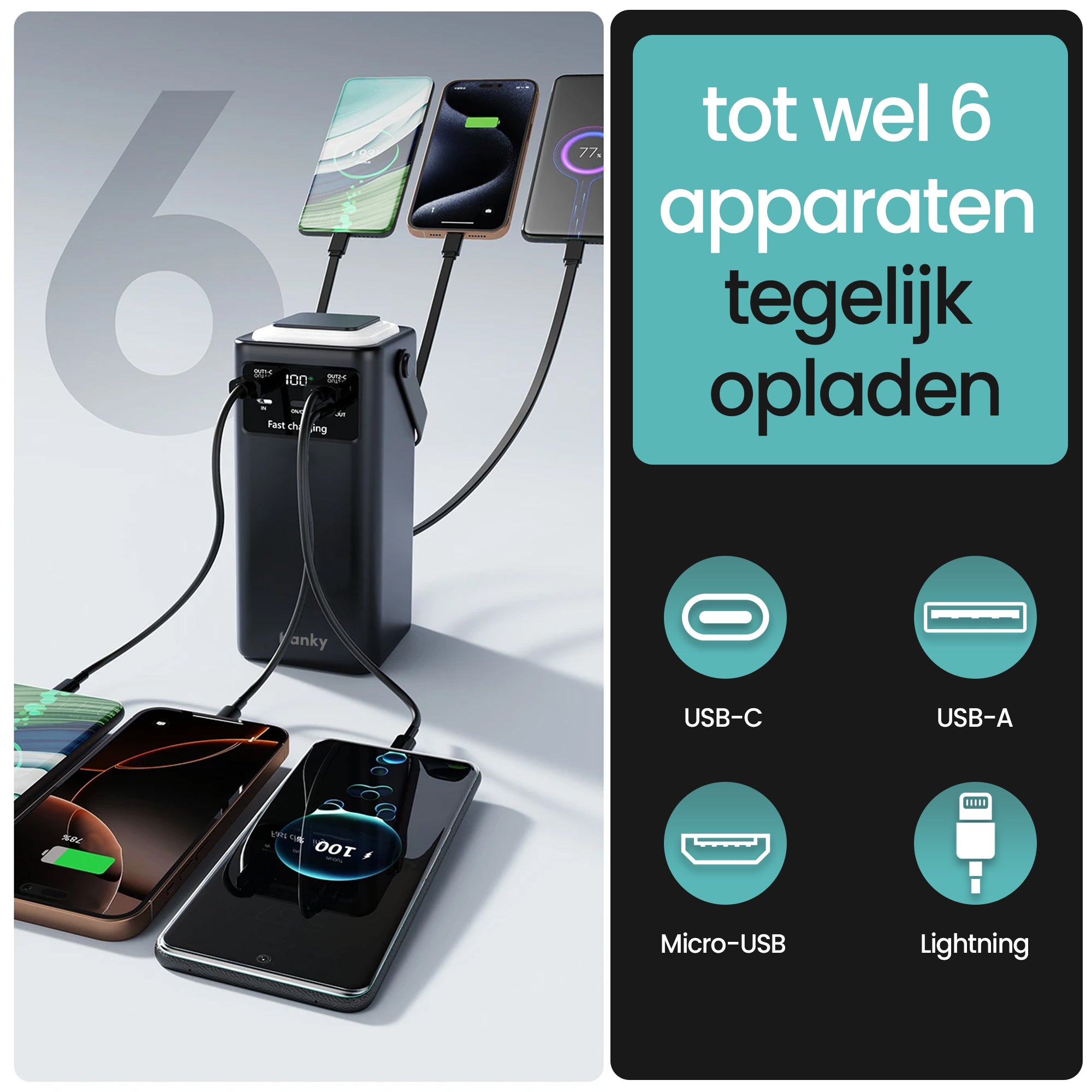 Banky Powerbank met vier vast ingebouwde snellaadkabels: Micro USB, Lightning, USB-C en USB-A