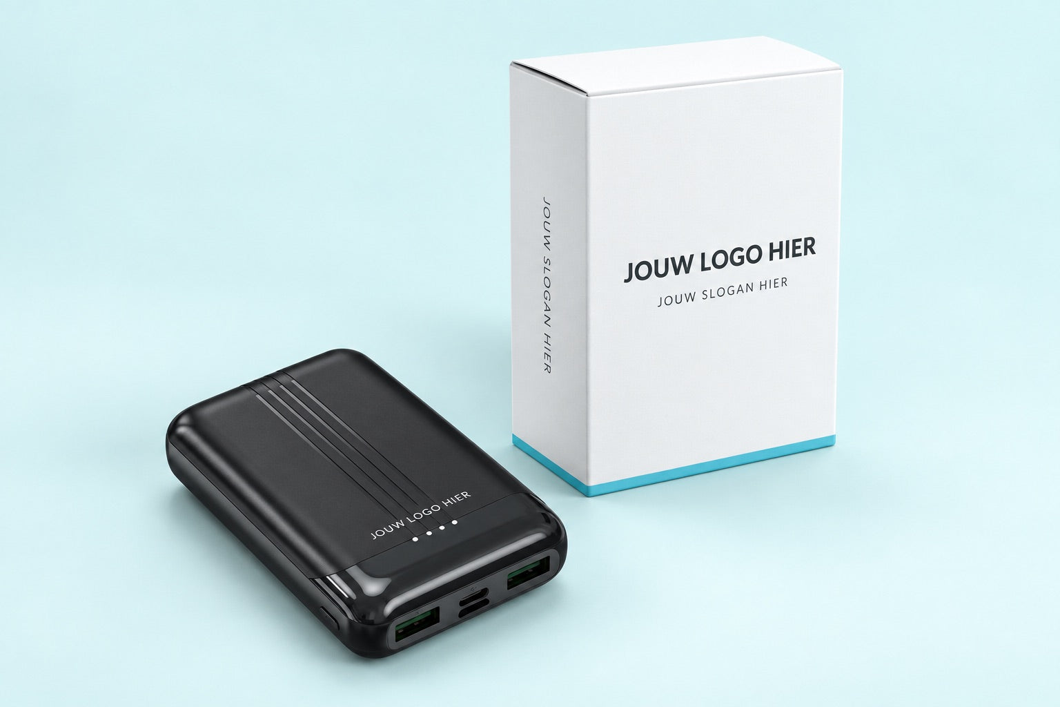 Ontwerpvoorbeeld van een zwarte Banky powerbank en witte verpakking met jouw logo en slogan